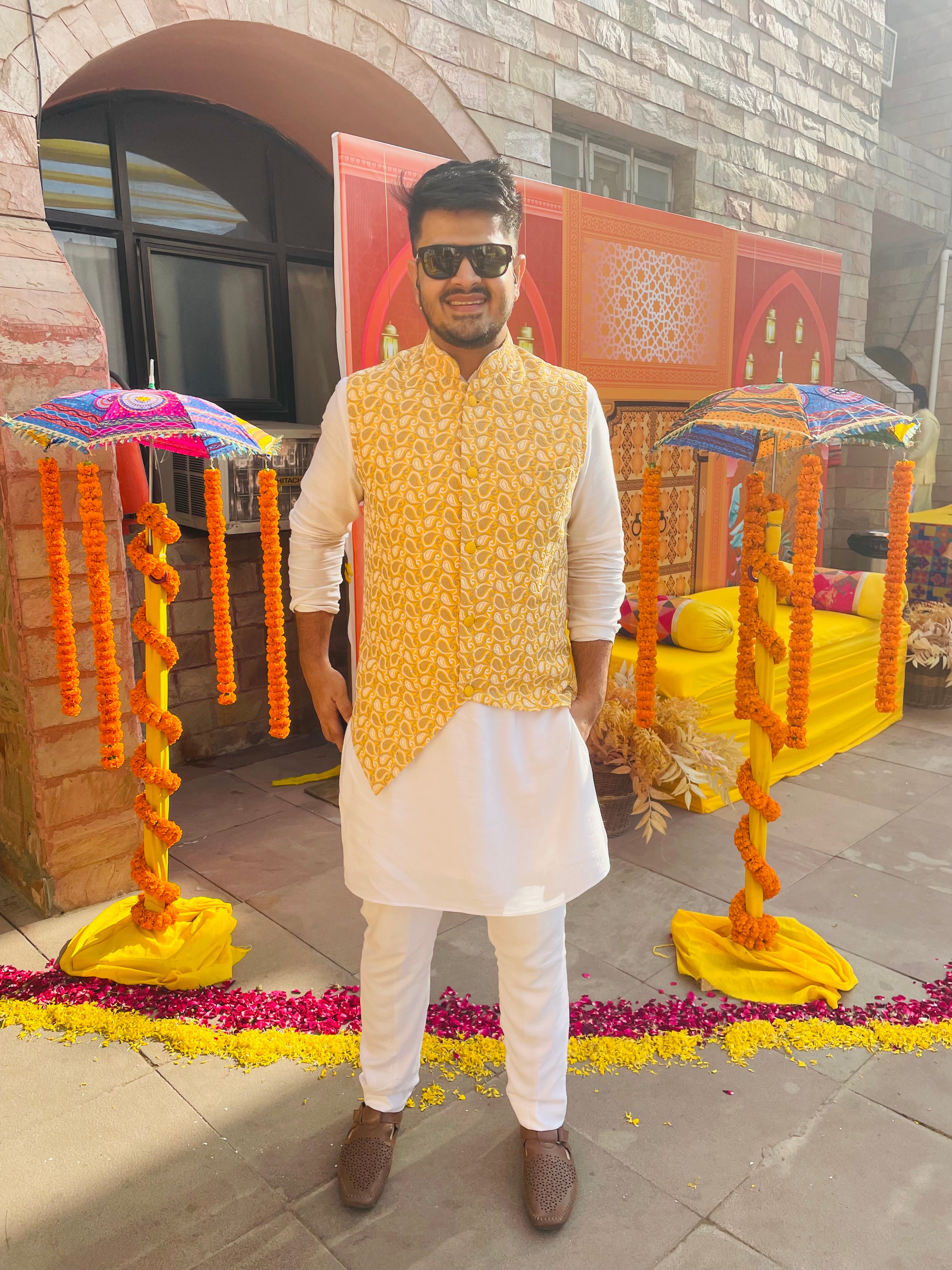Menswear Yellow Waist Coat & White Kurta Set