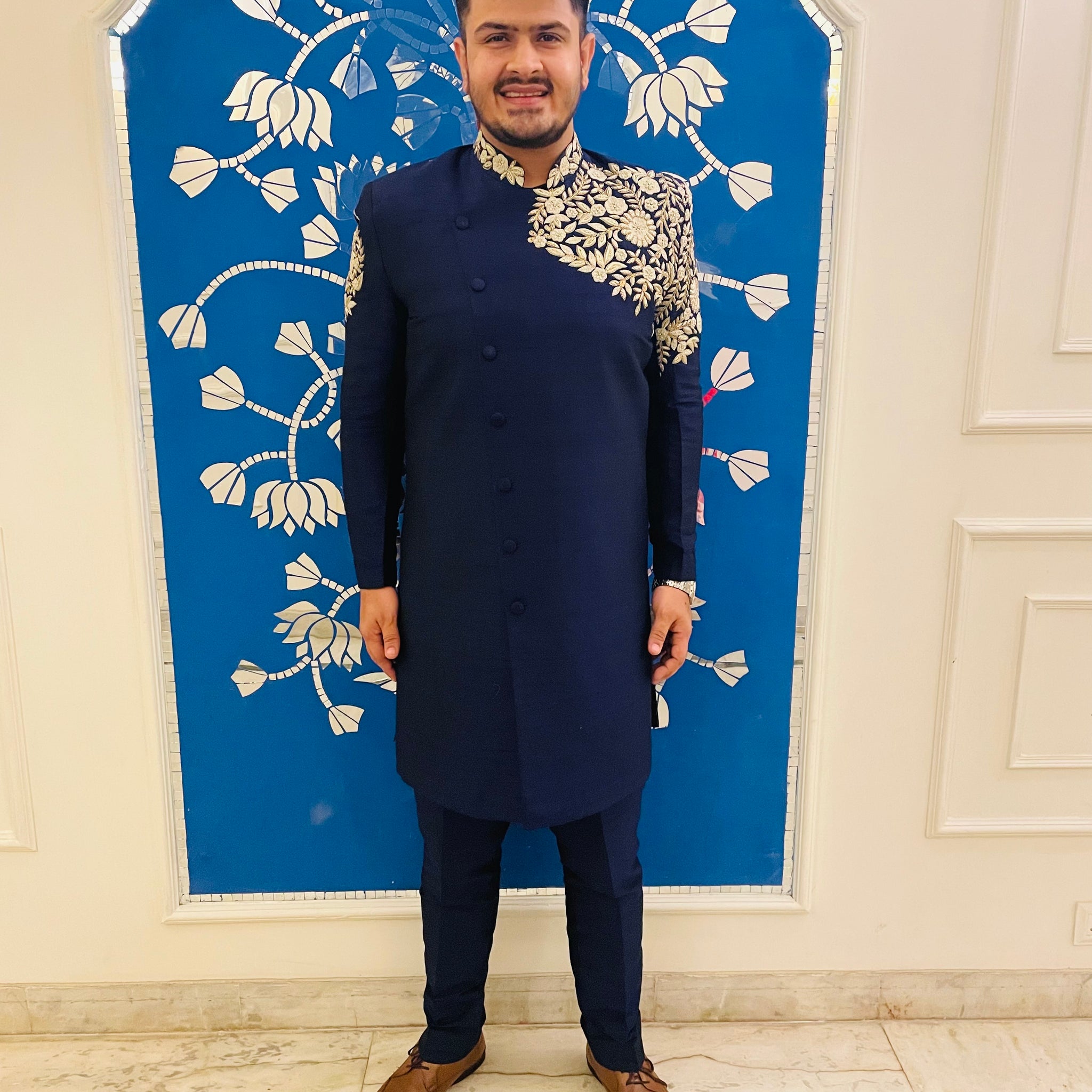 Menswear Blue Raw Silk Indowestern