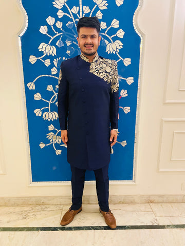 Menswear Blue Raw Silk Indowestern