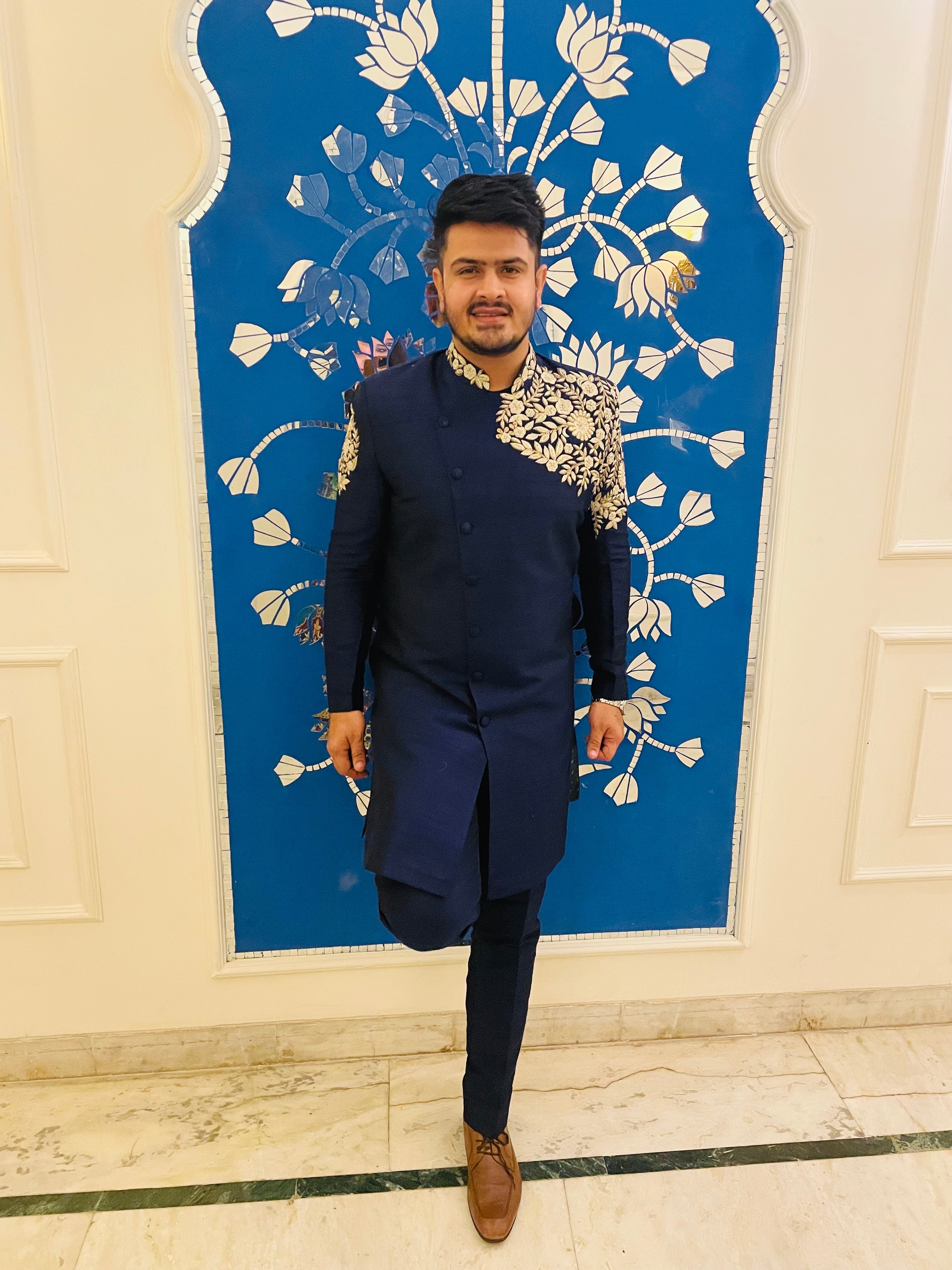 Menswear Blue Raw Silk Indowestern