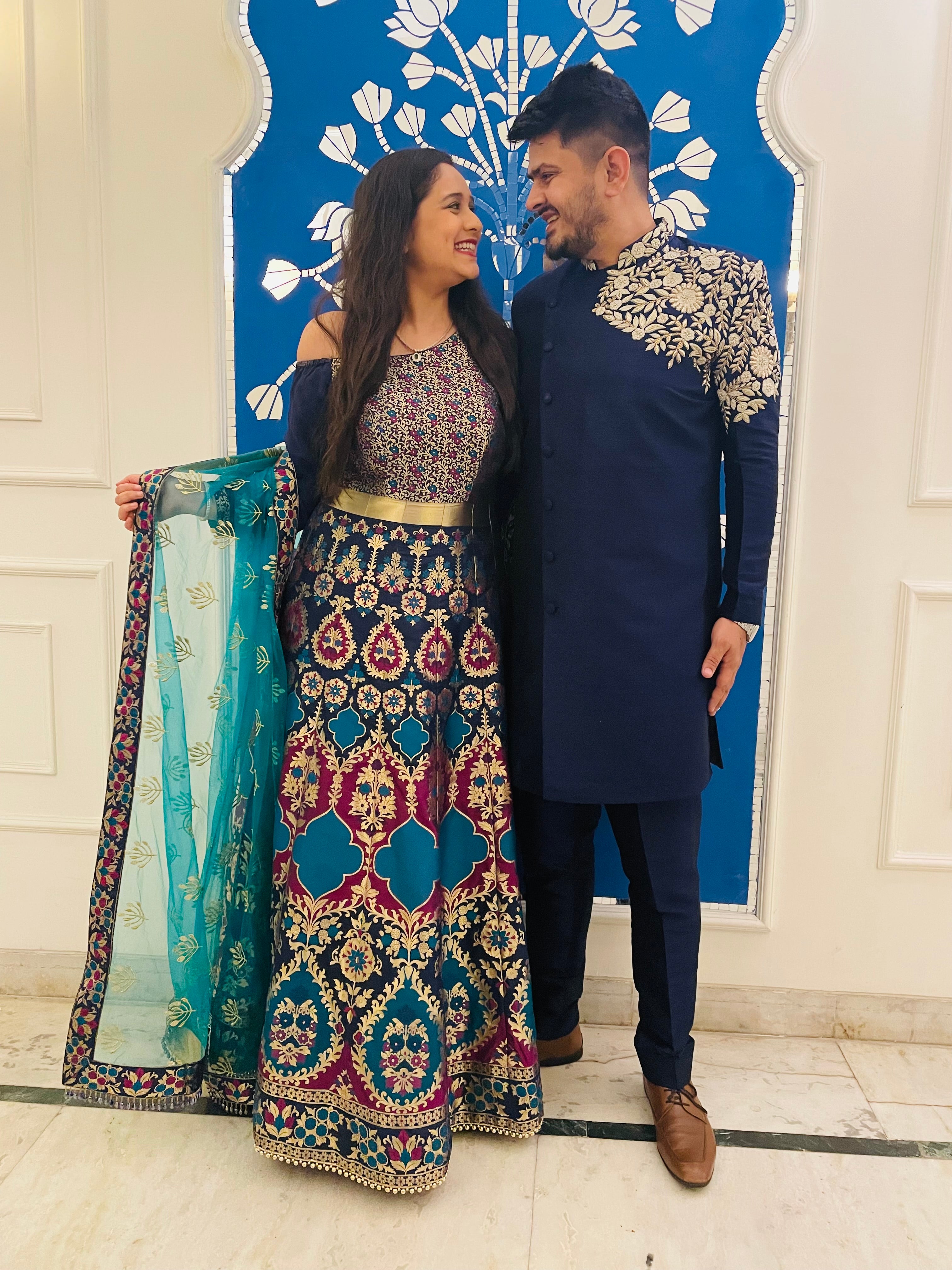 Menswear Blue Raw Silk Indowestern