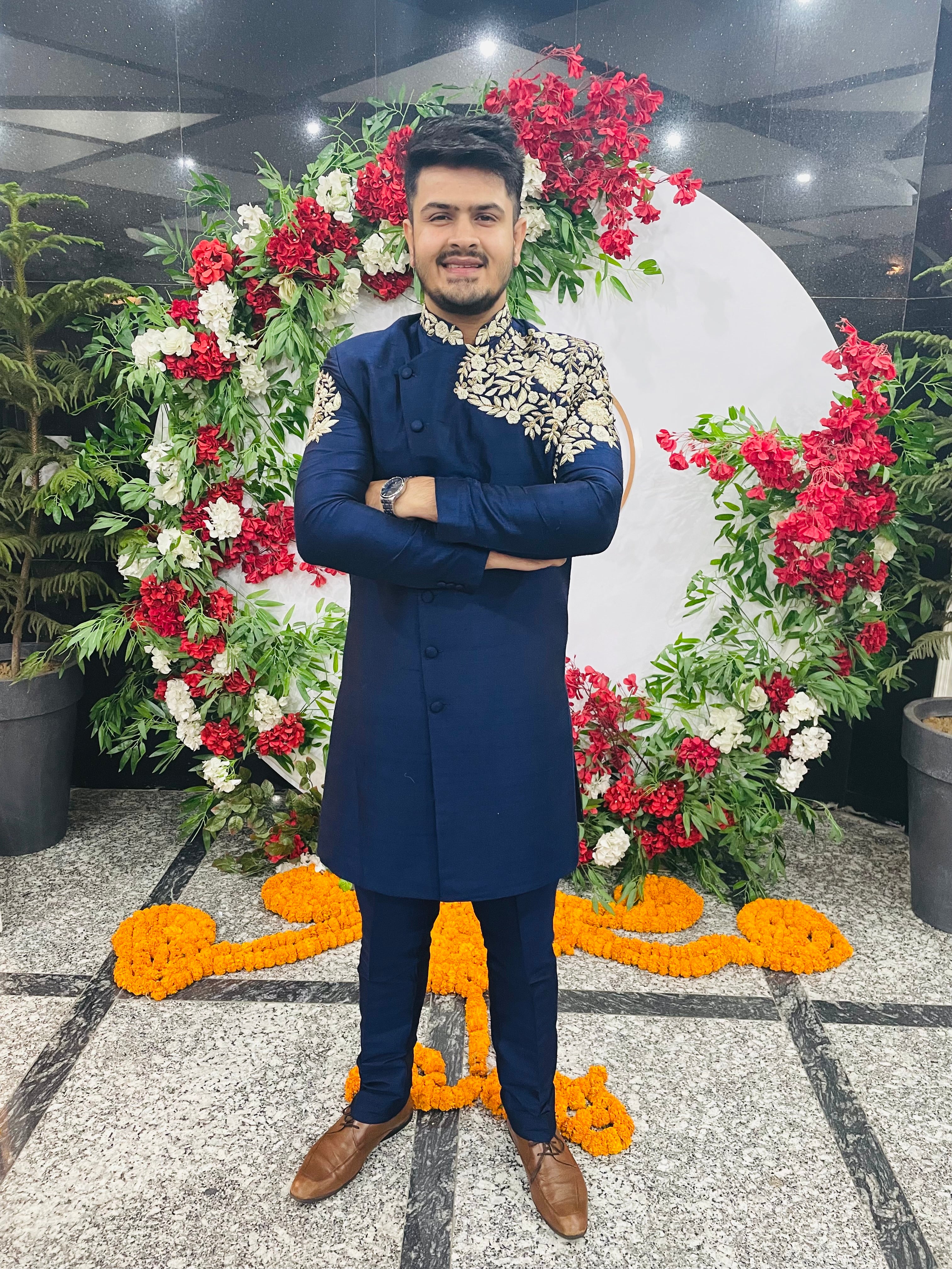 Menswear Blue Raw Silk Indowestern