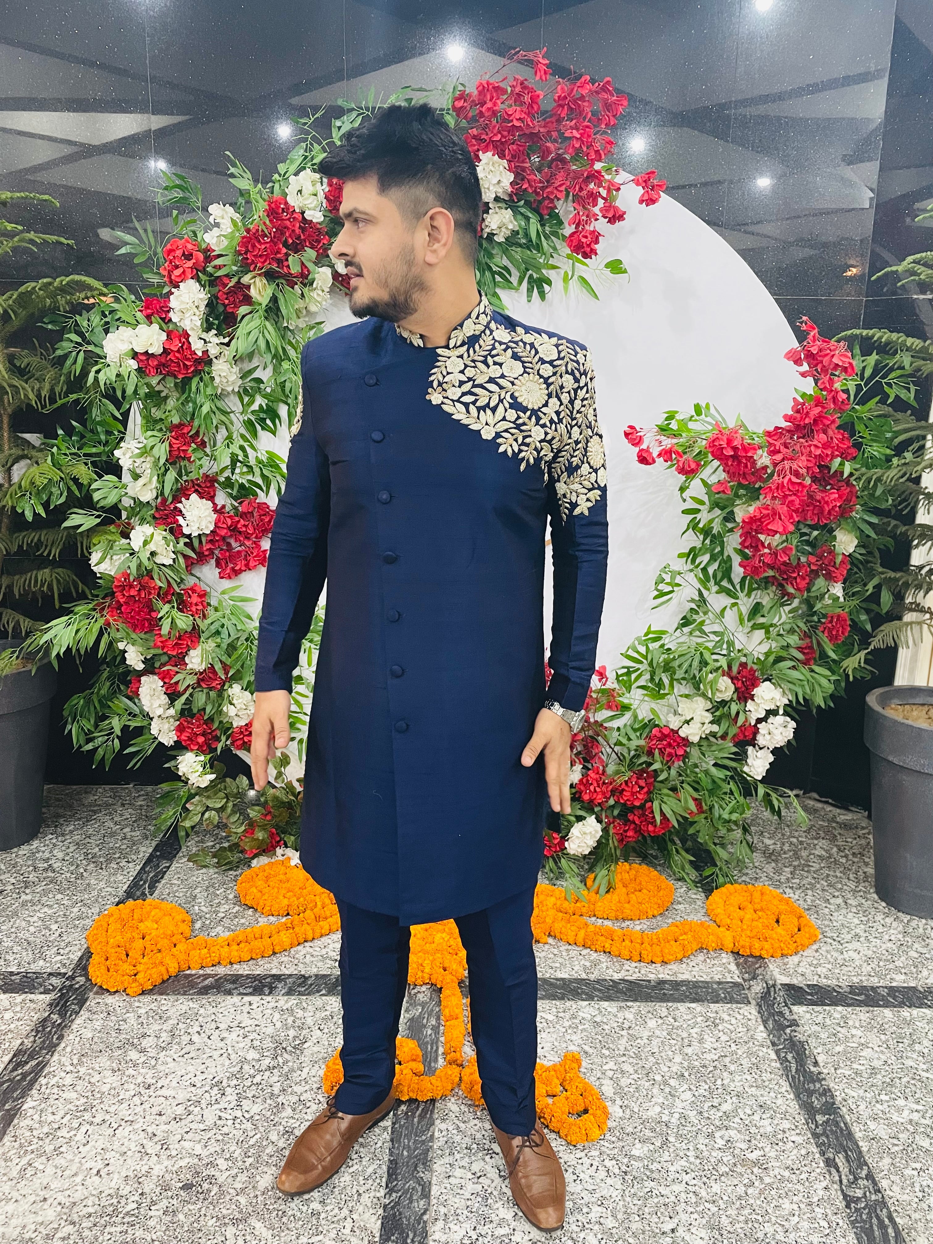 Menswear Blue Raw Silk Indowestern