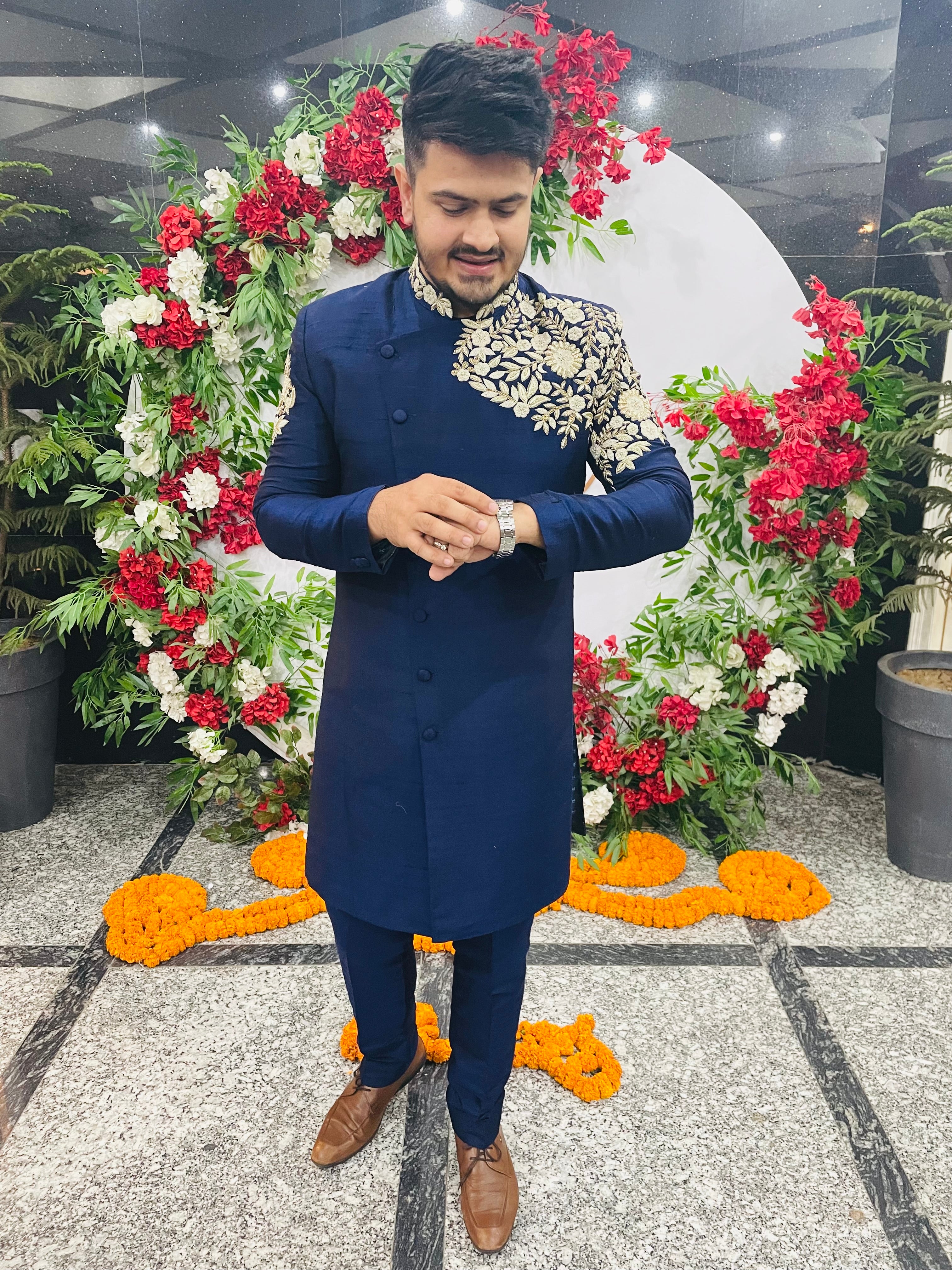 Menswear Blue Raw Silk Indowestern