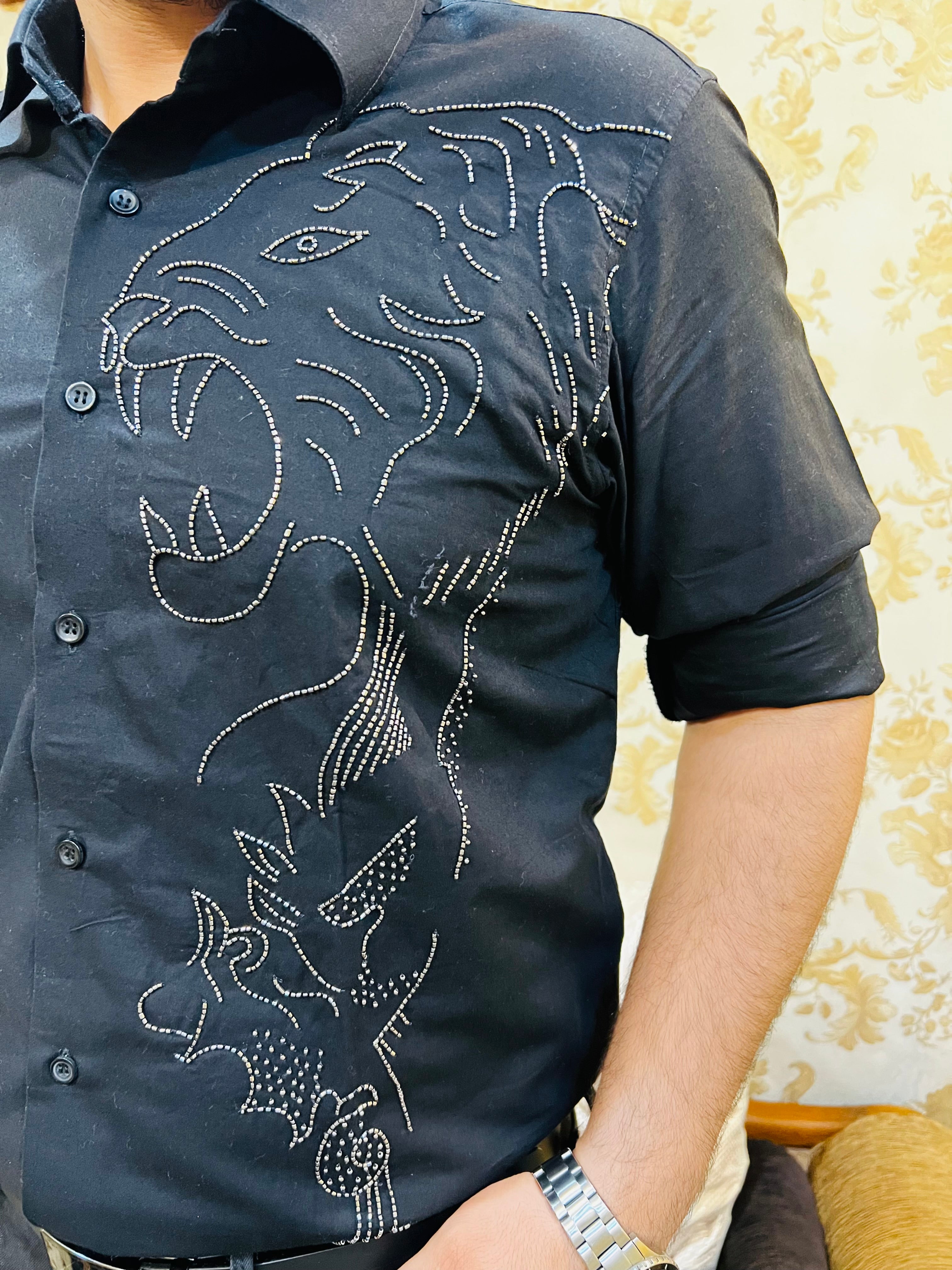 Menswear Black Hand Embroidered Shirt