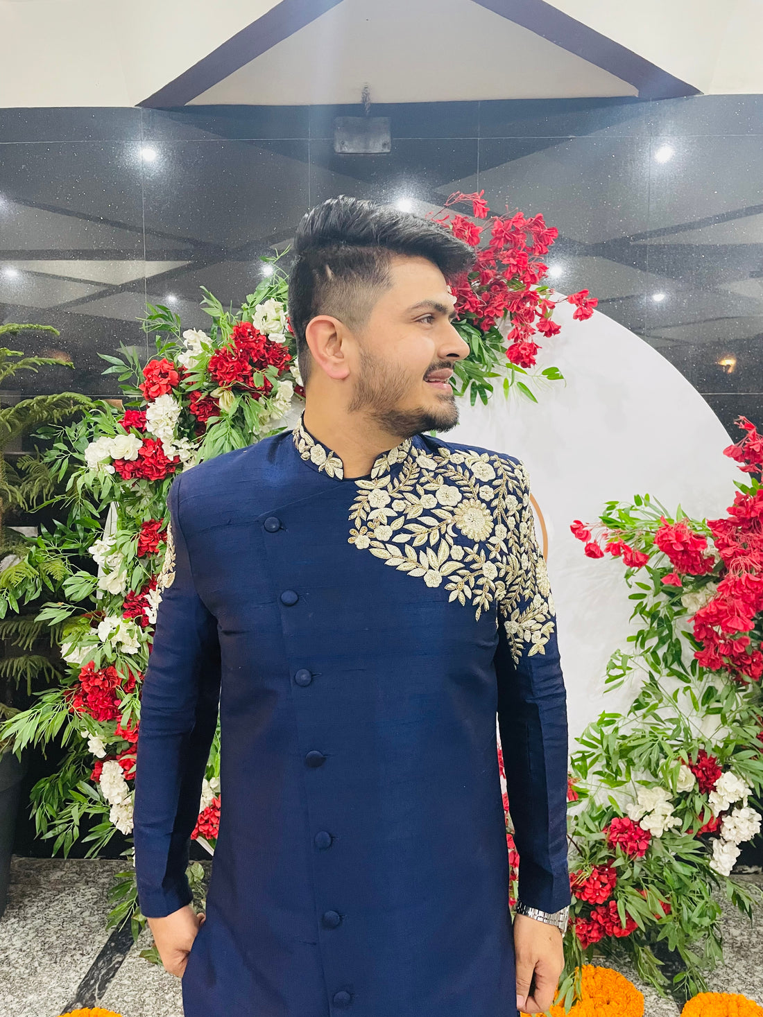 Menswear Blue Raw Silk Indowestern