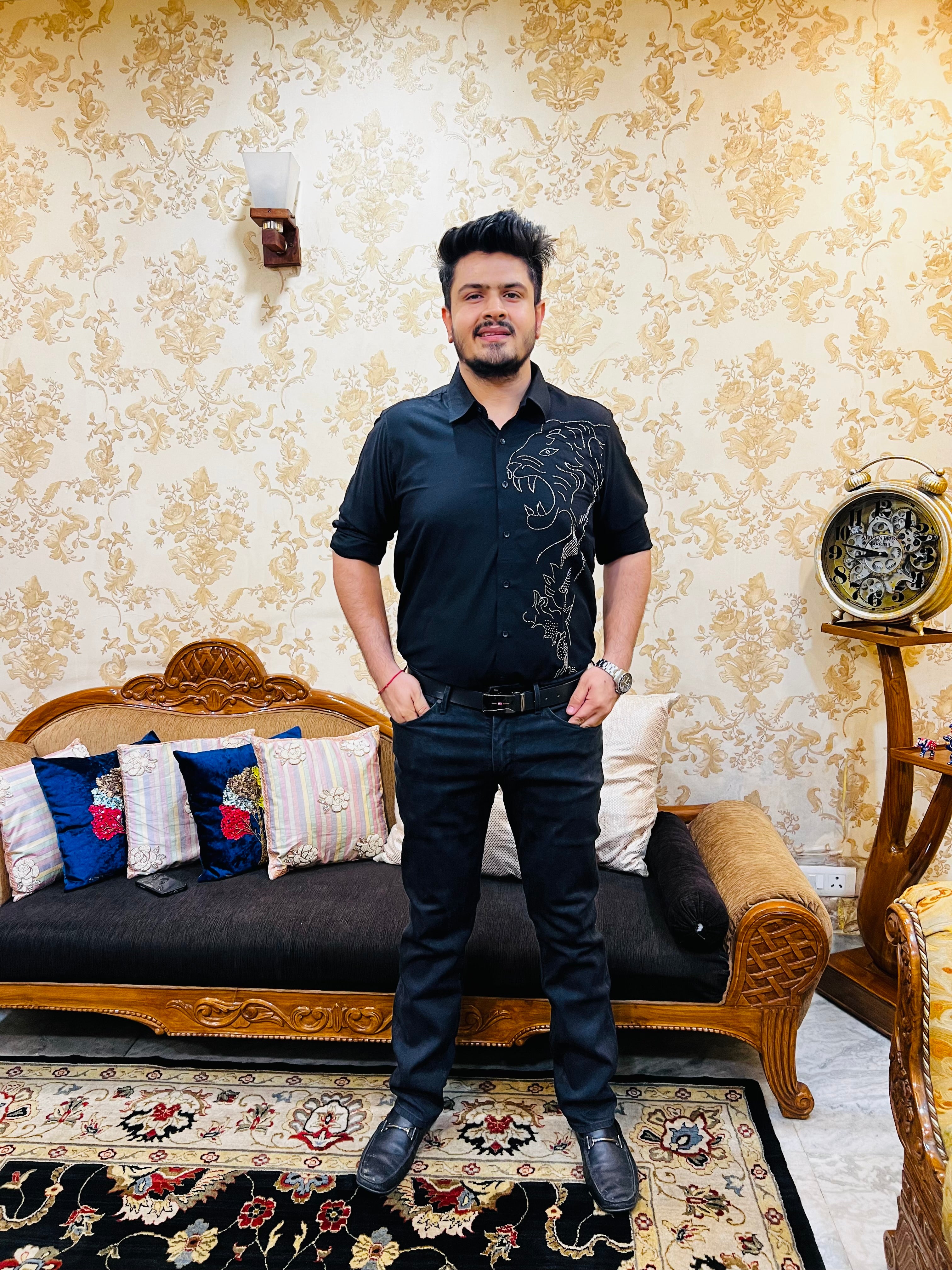 Menswear Black Hand Embroidered Shirt