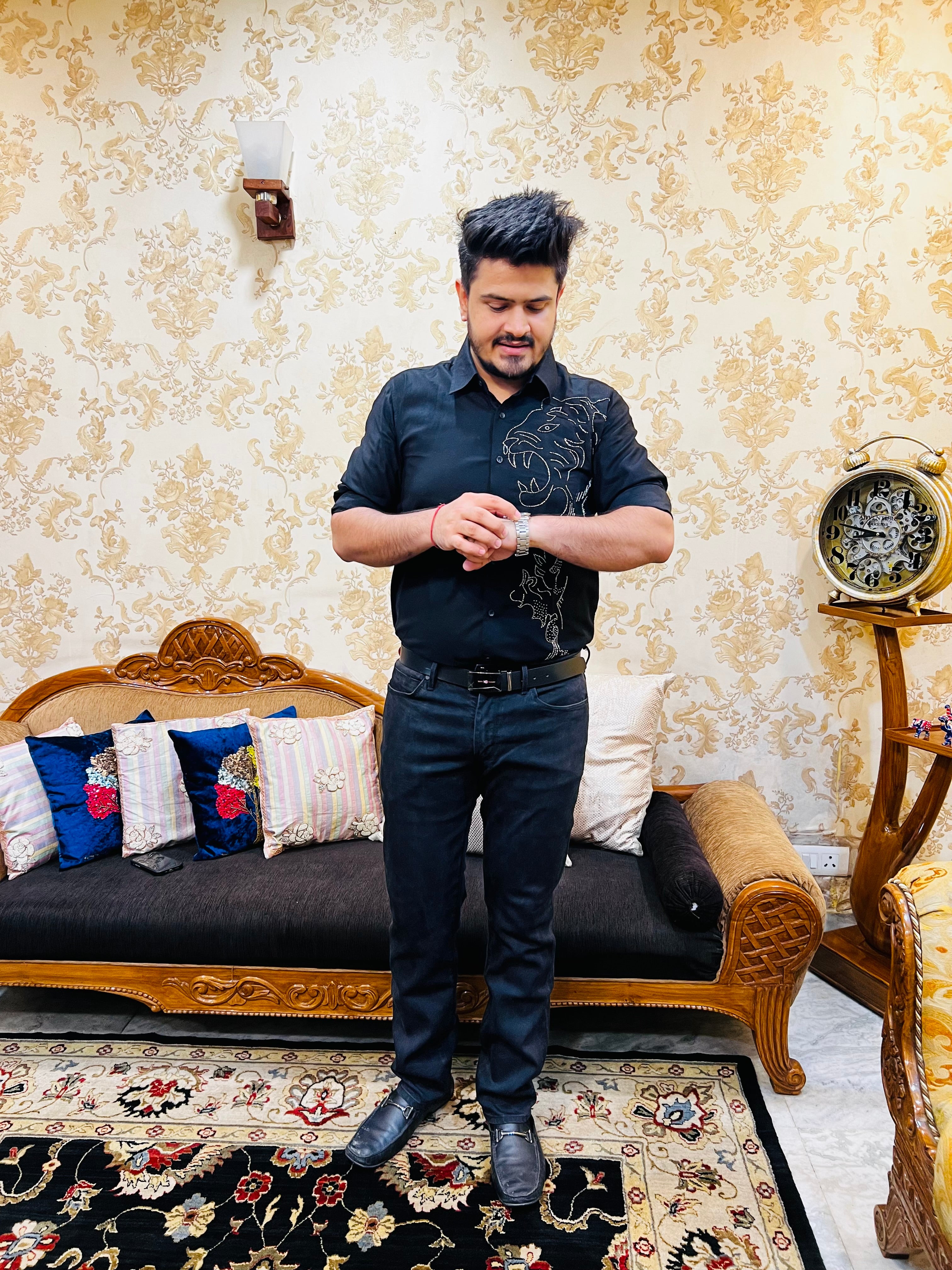 Menswear Black Hand Embroidered Shirt