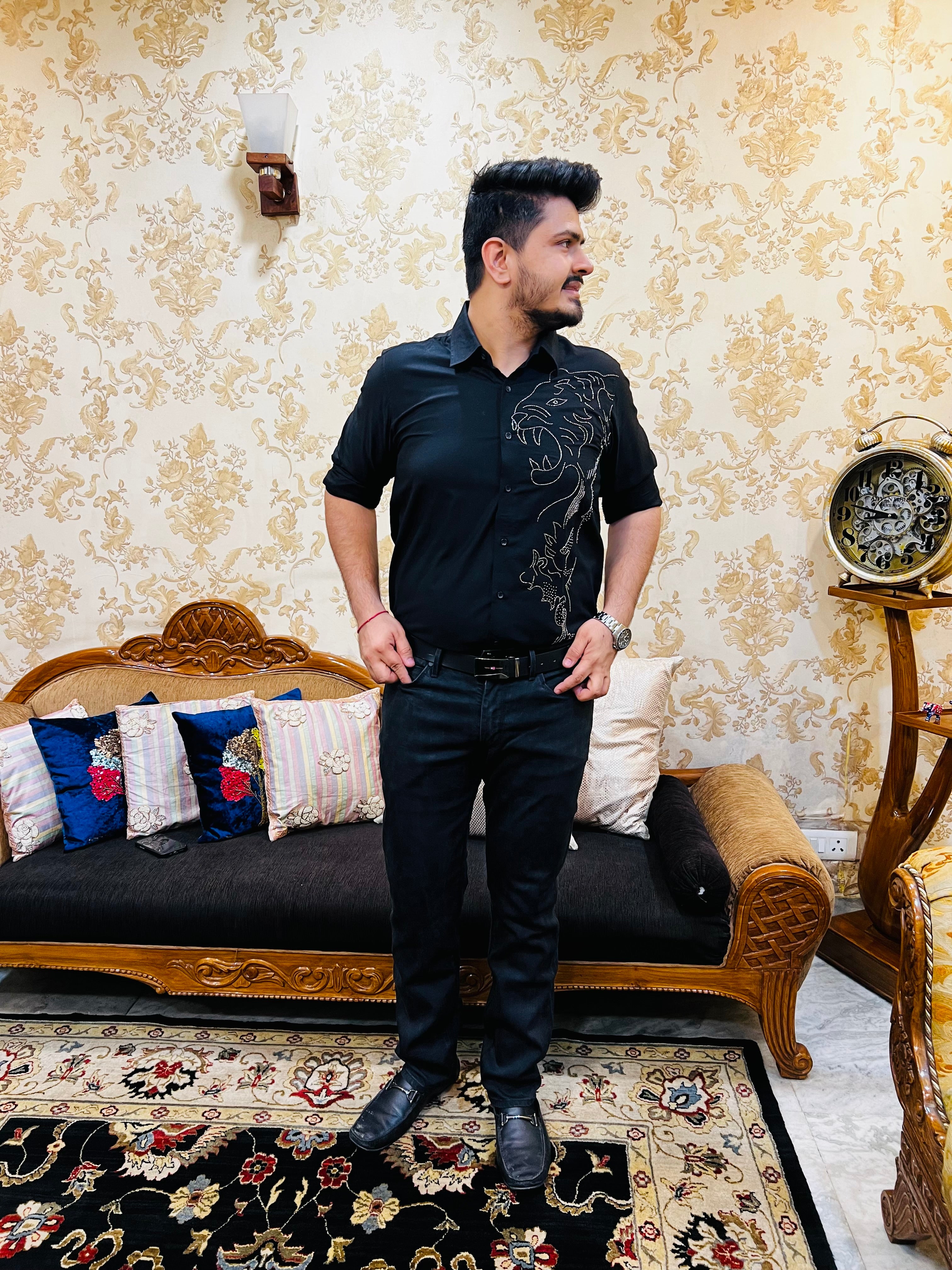 Menswear Black Hand Embroidered Shirt