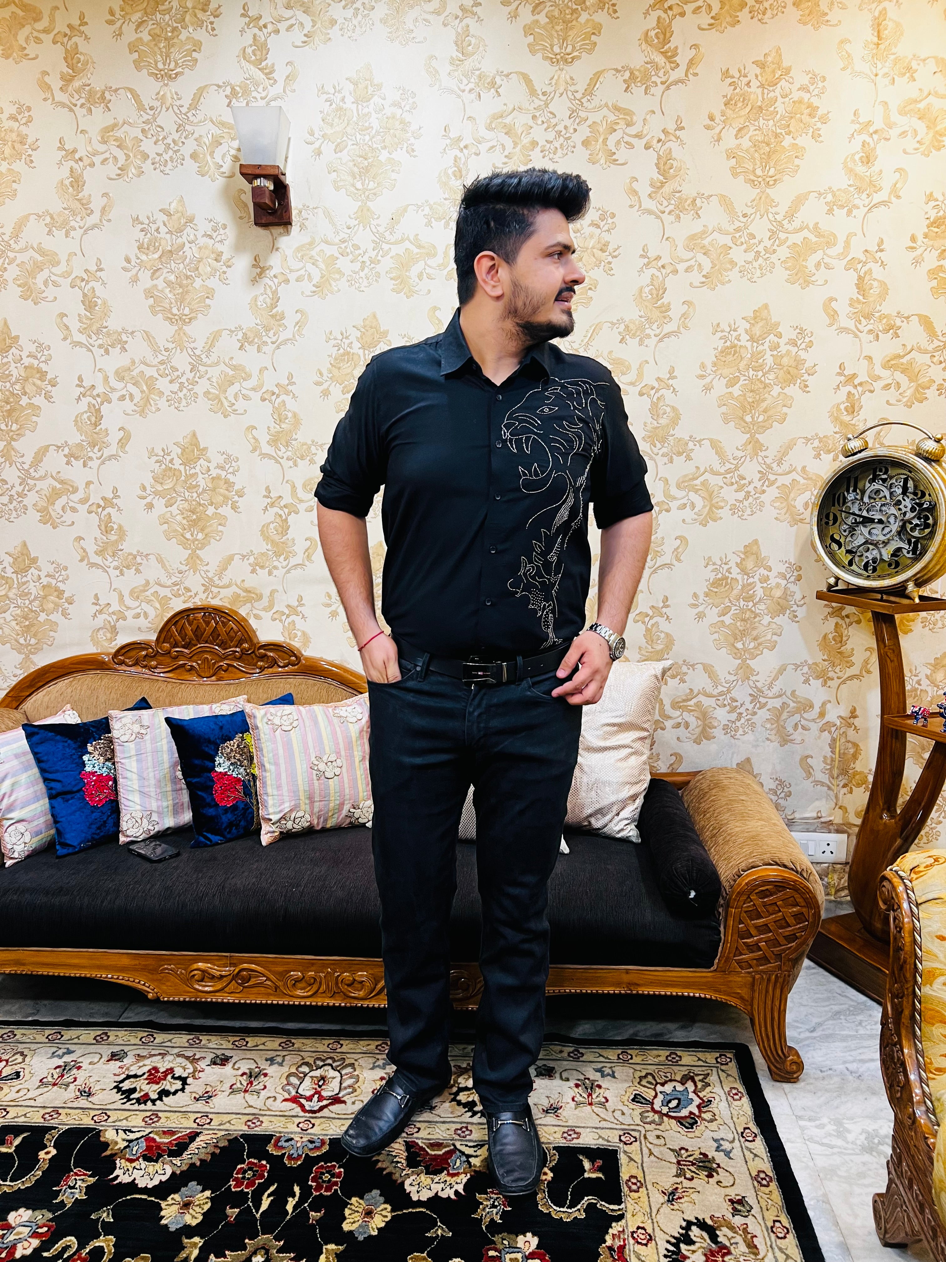 Menswear Black Hand Embroidered Shirt