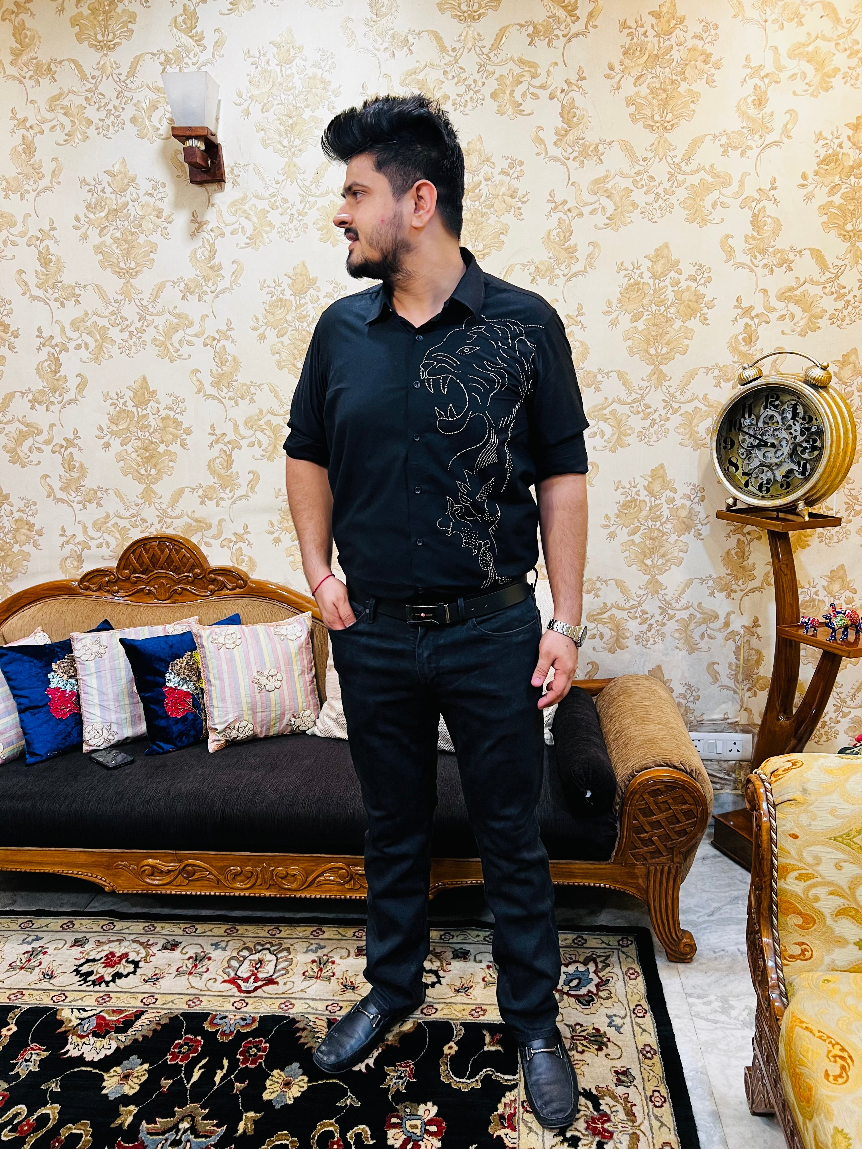 Menswear Black Hand Embroidered Shirt