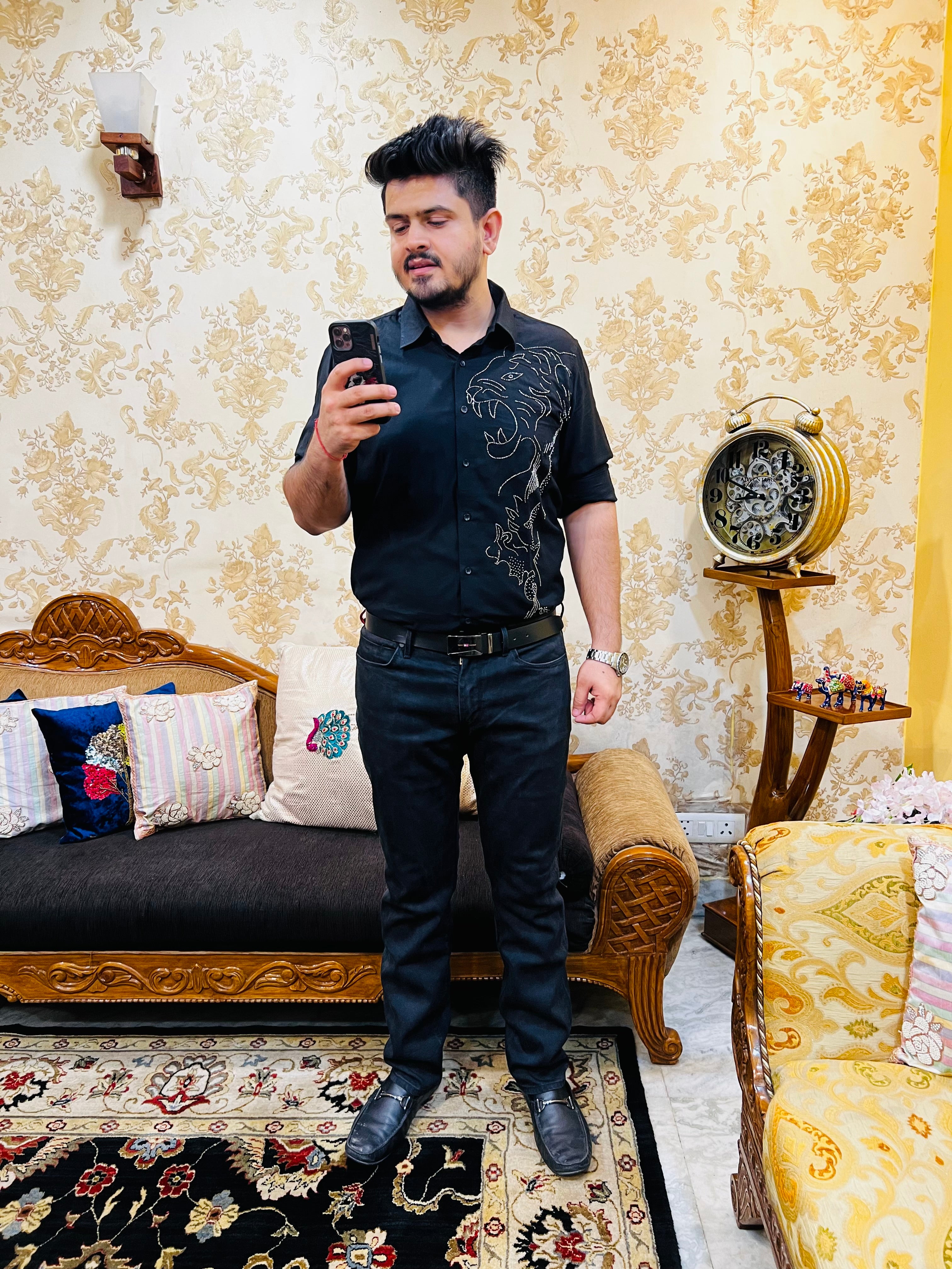 Menswear Black Hand Embroidered Shirt