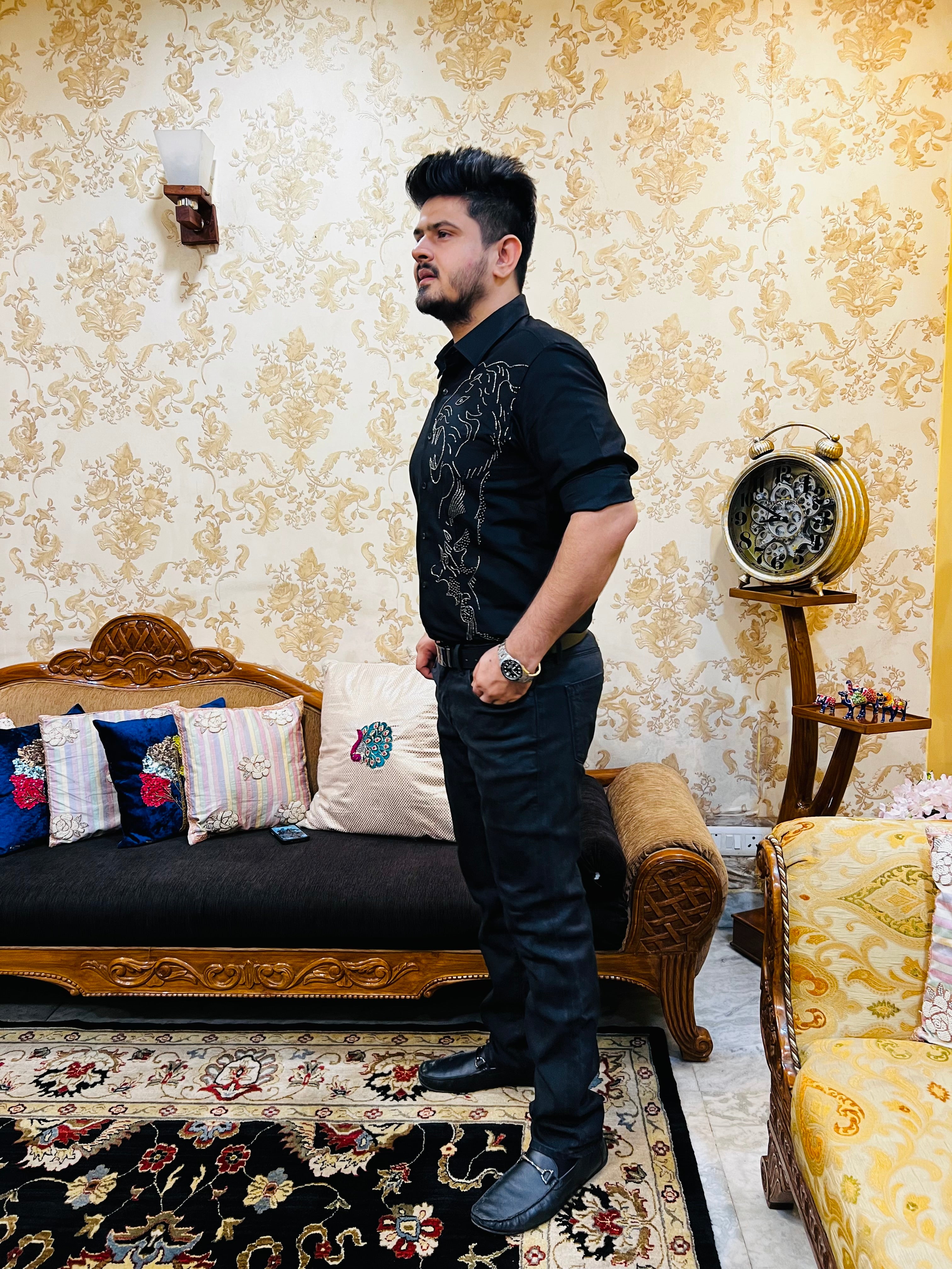 Menswear Black Hand Embroidered Shirt