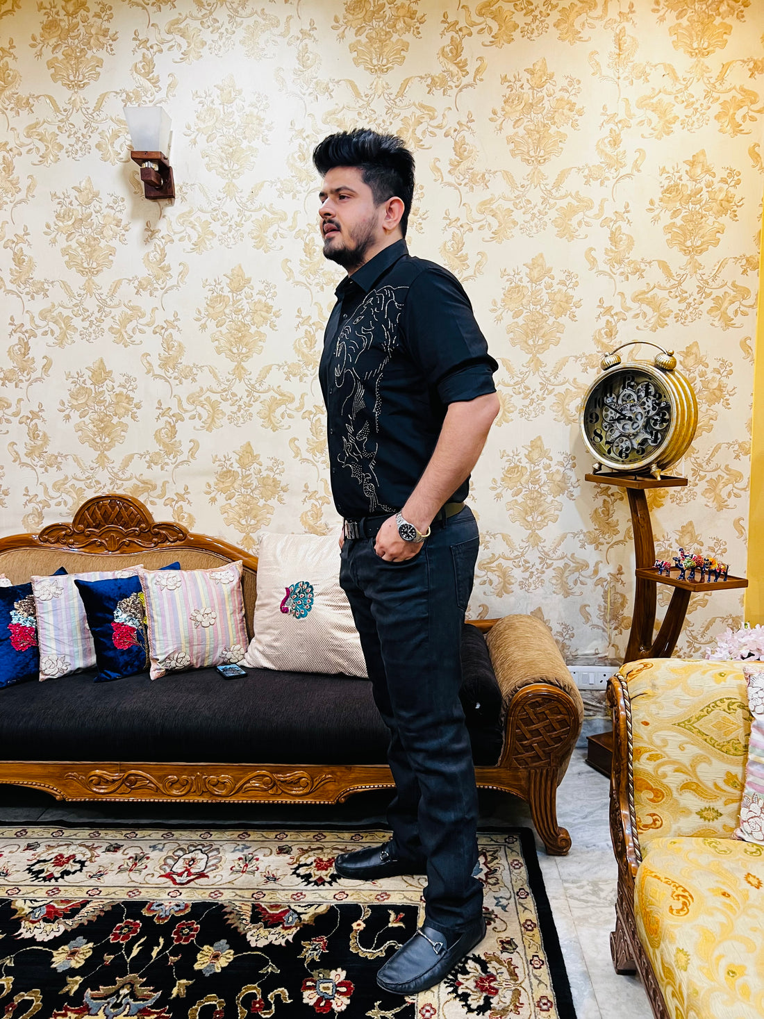 Menswear Black Hand Embroidered Shirt