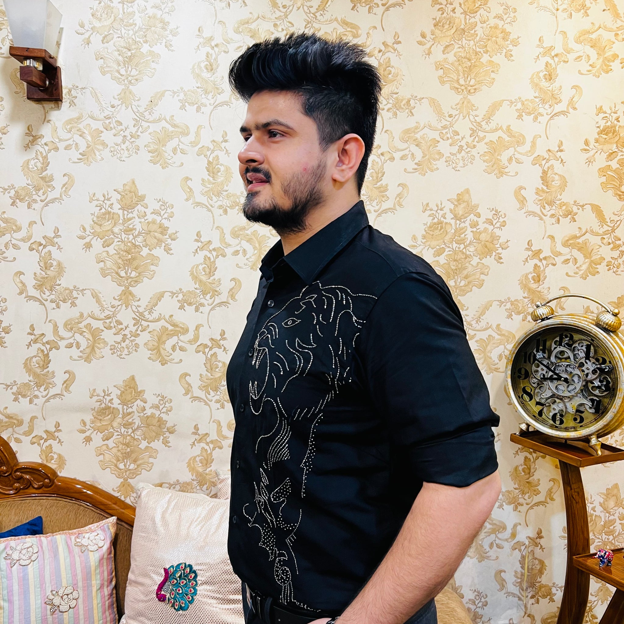 Menswear Black Hand Embroidered Shirt