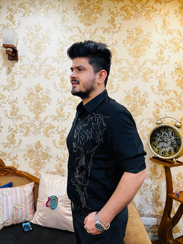Menswear Black Hand Embroidered Shirt