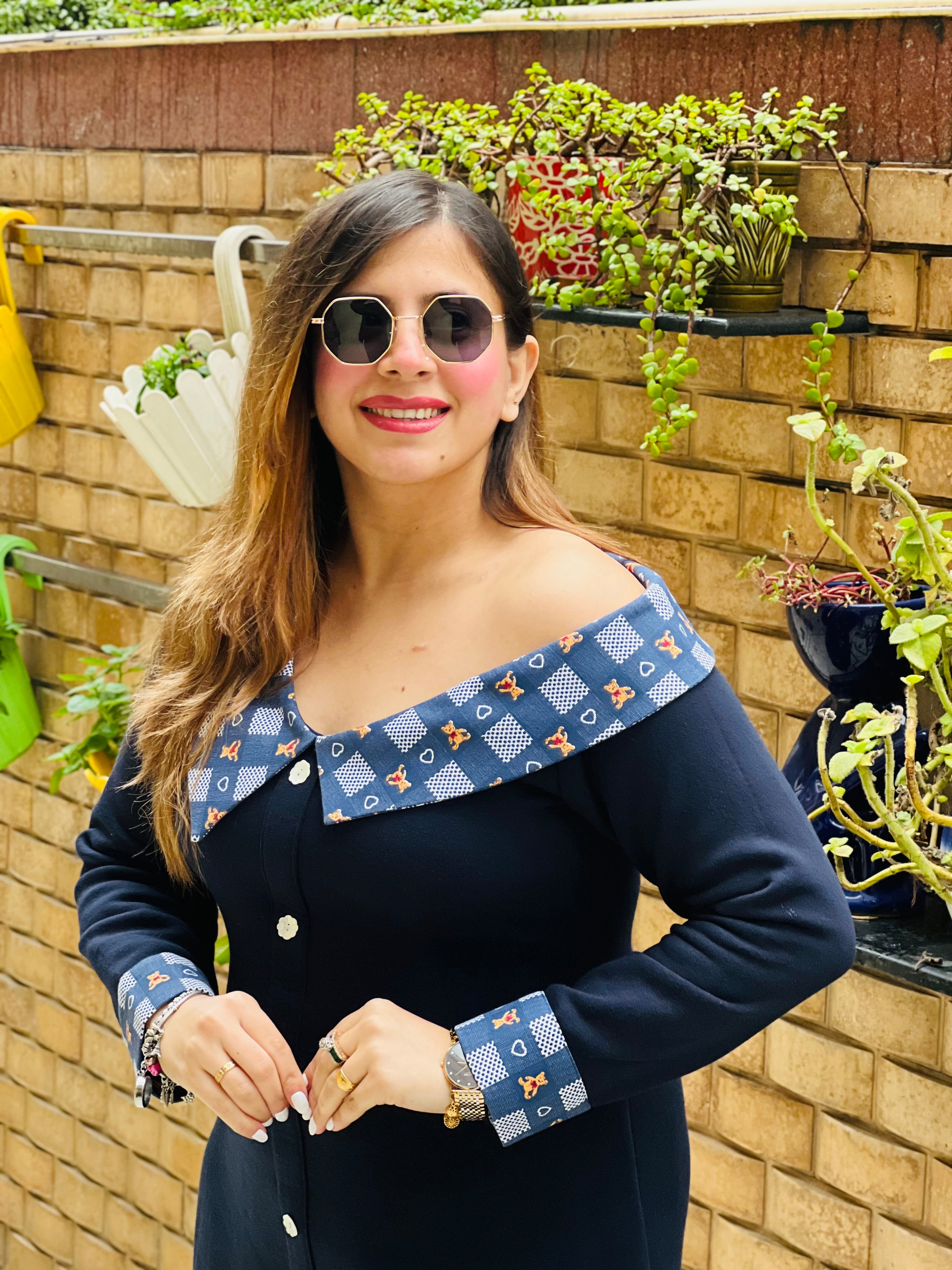 Navy Blue Woollen Mama Dress