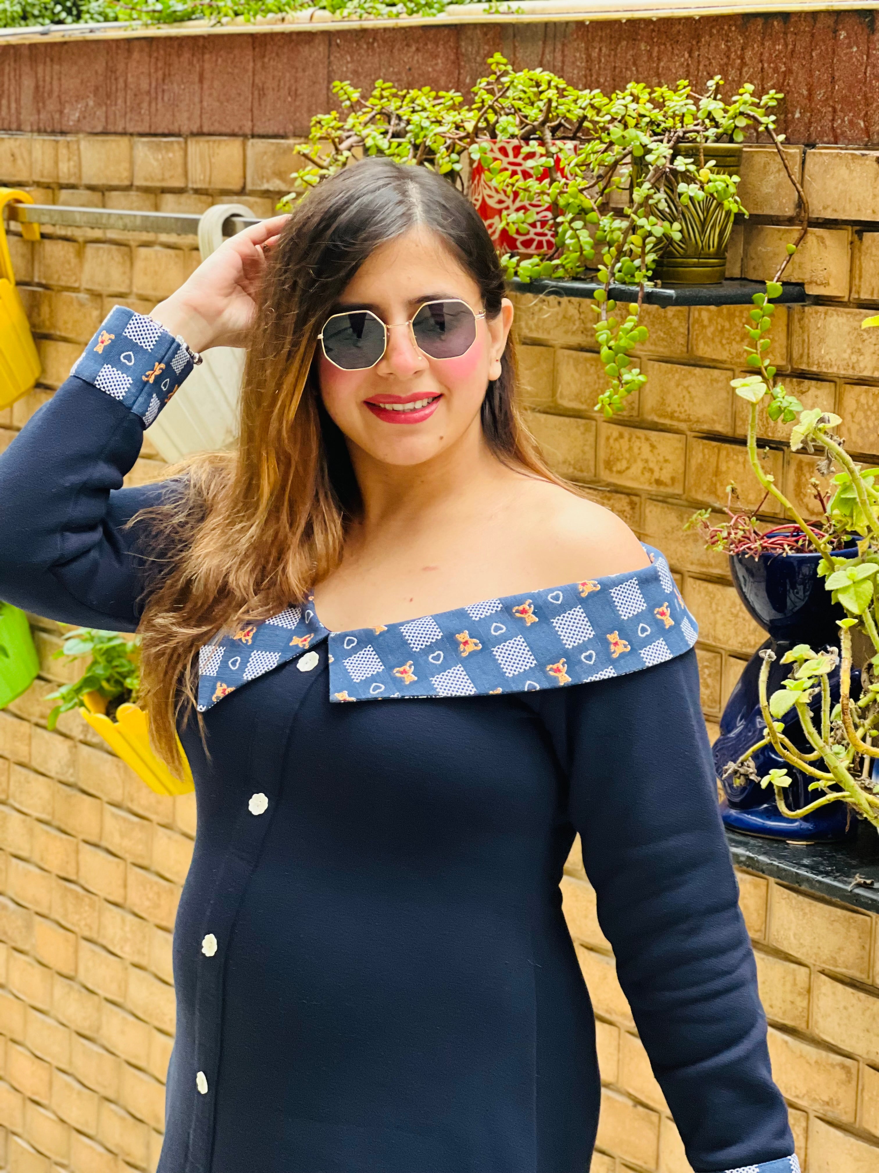 Navy Blue Woollen Mama Dress