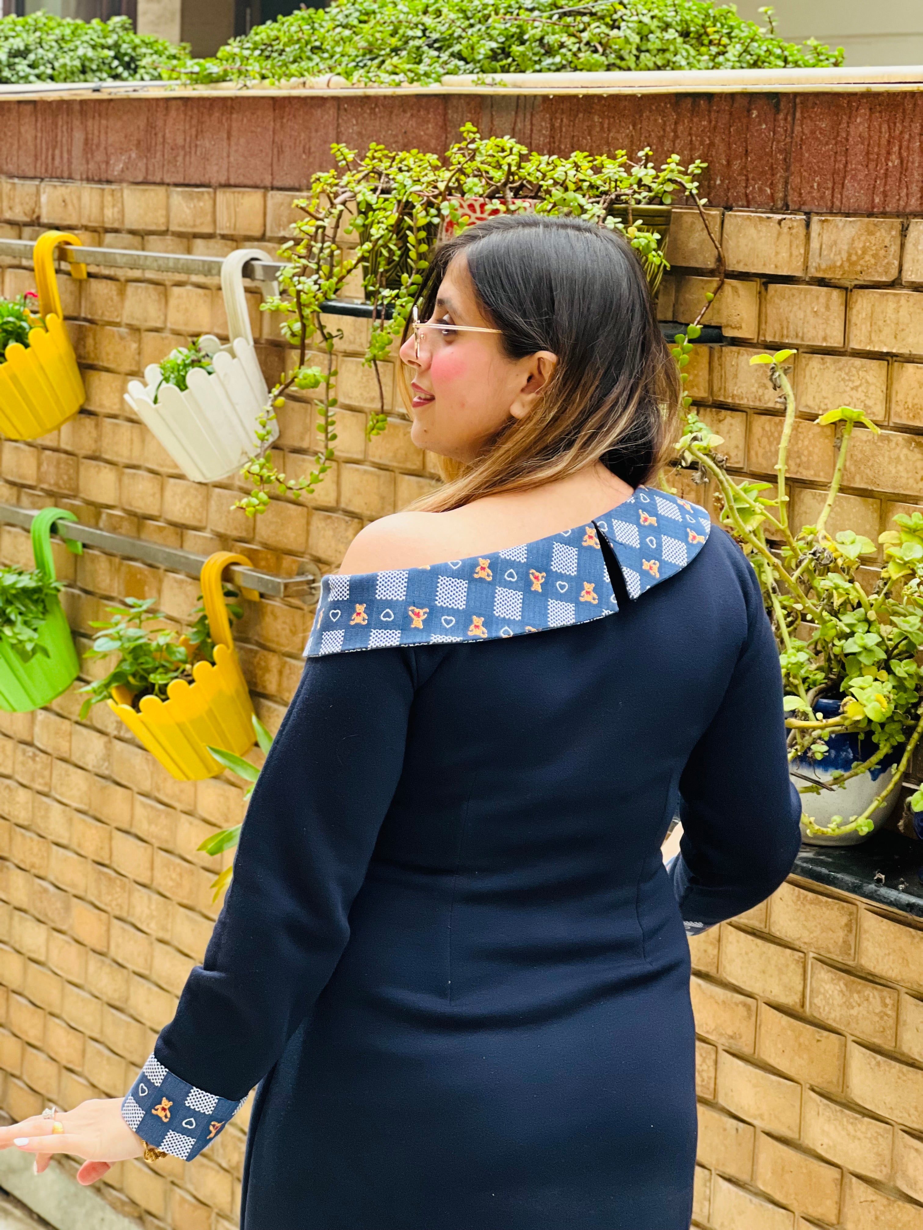 Navy Blue Woollen Mama Dress