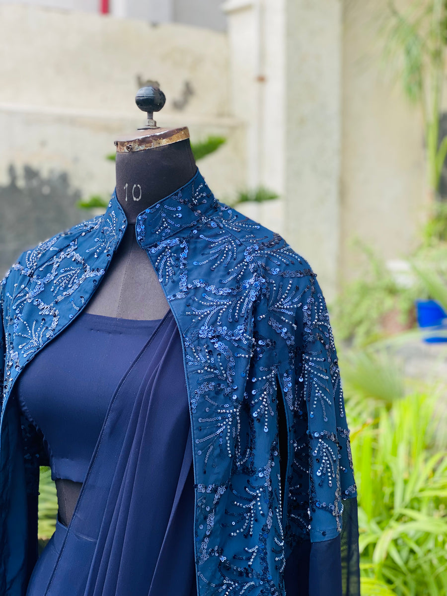 Navy Blue Shrug Saree – Lakhina Couture