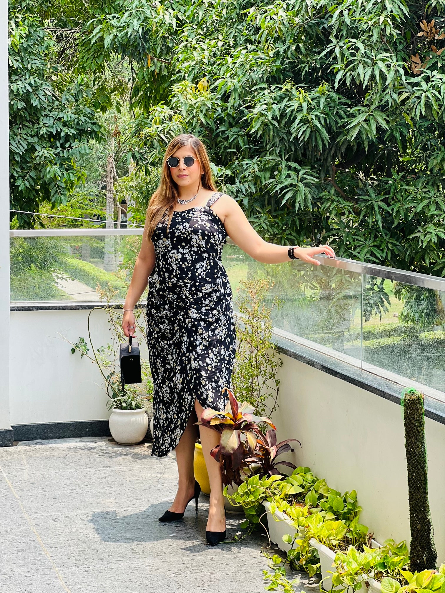 Black Floral Drape Midi