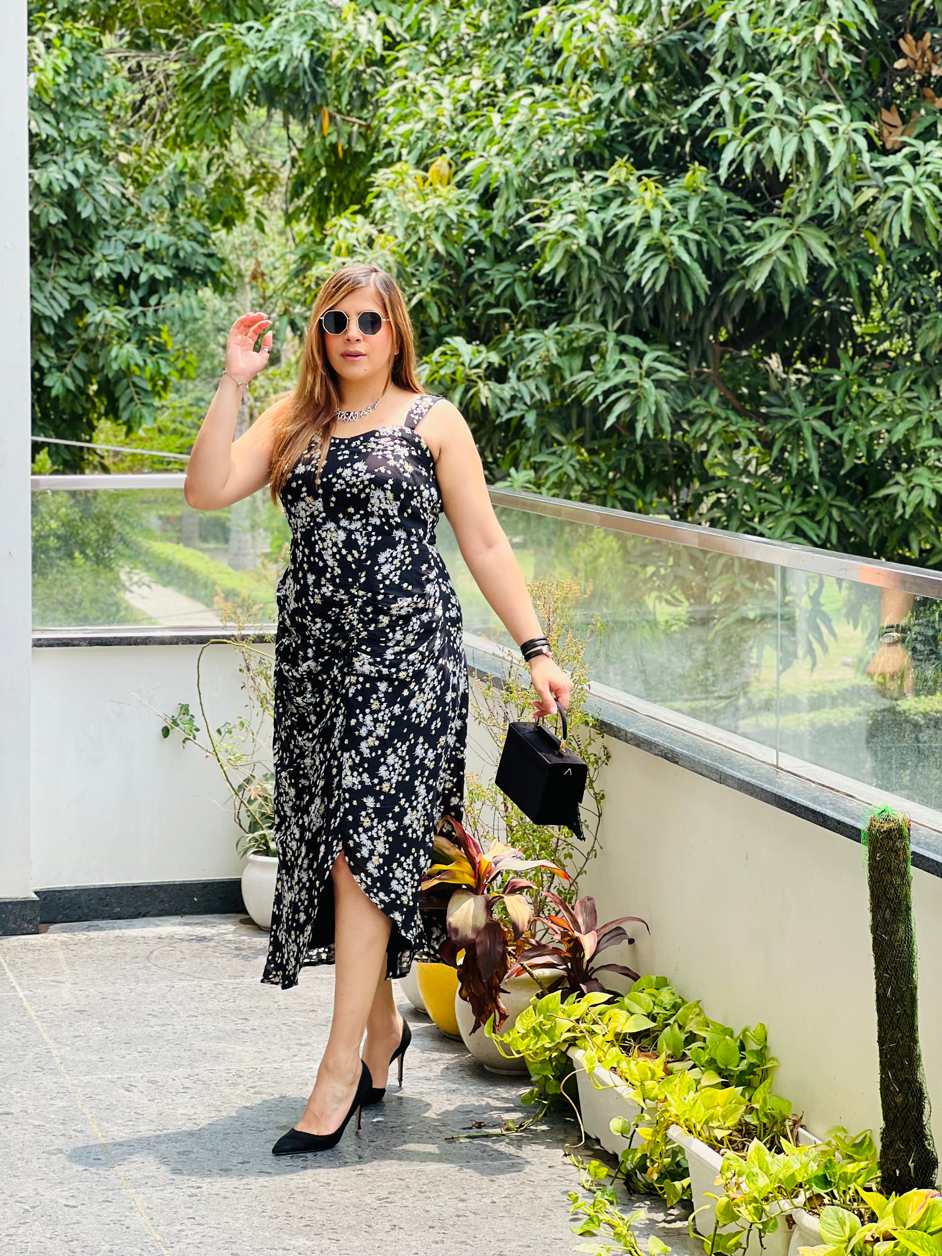 Black Floral Drape Midi