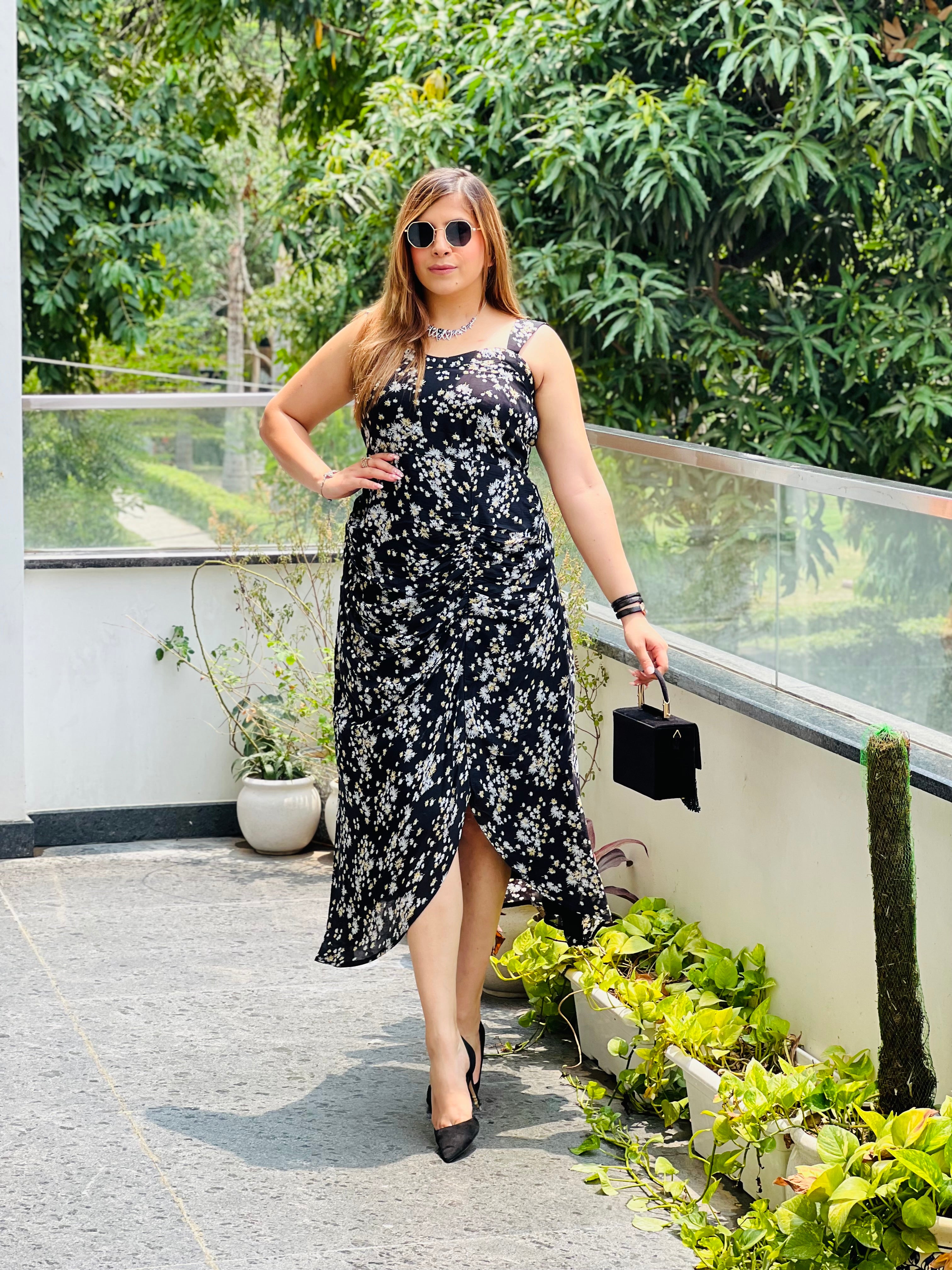Black Floral Drape Midi