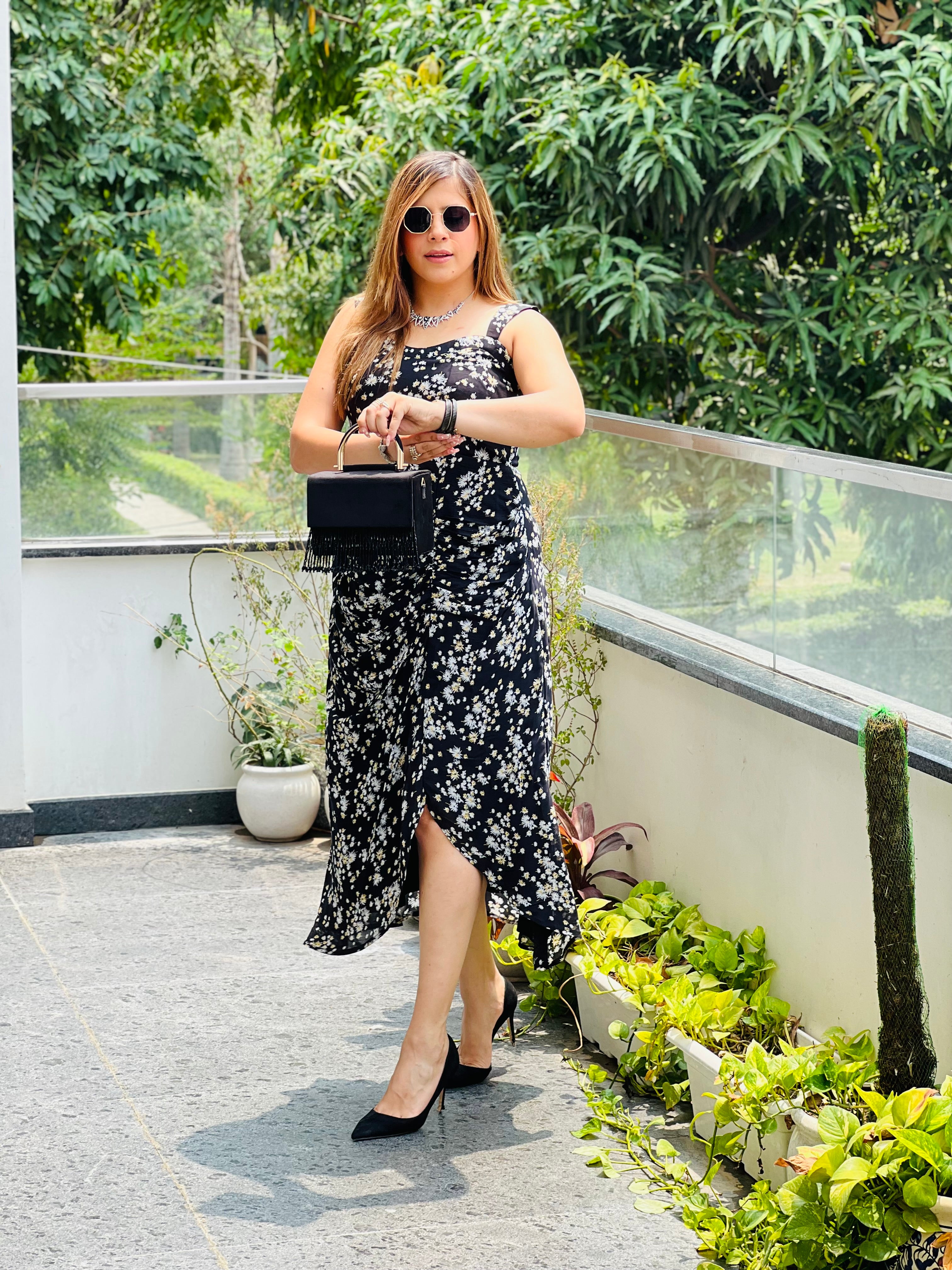 Black Floral Drape Midi