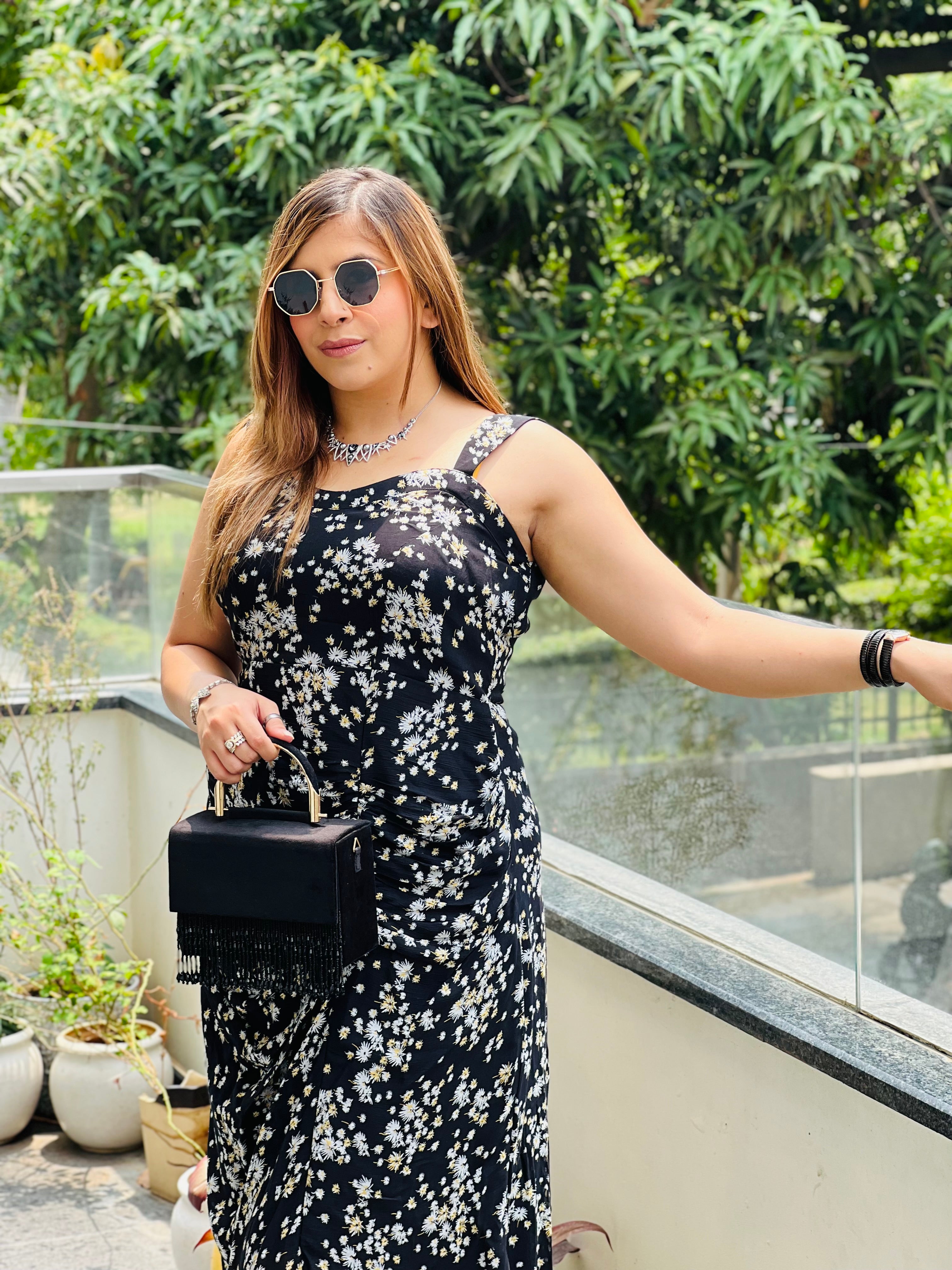 Black Floral Drape Midi