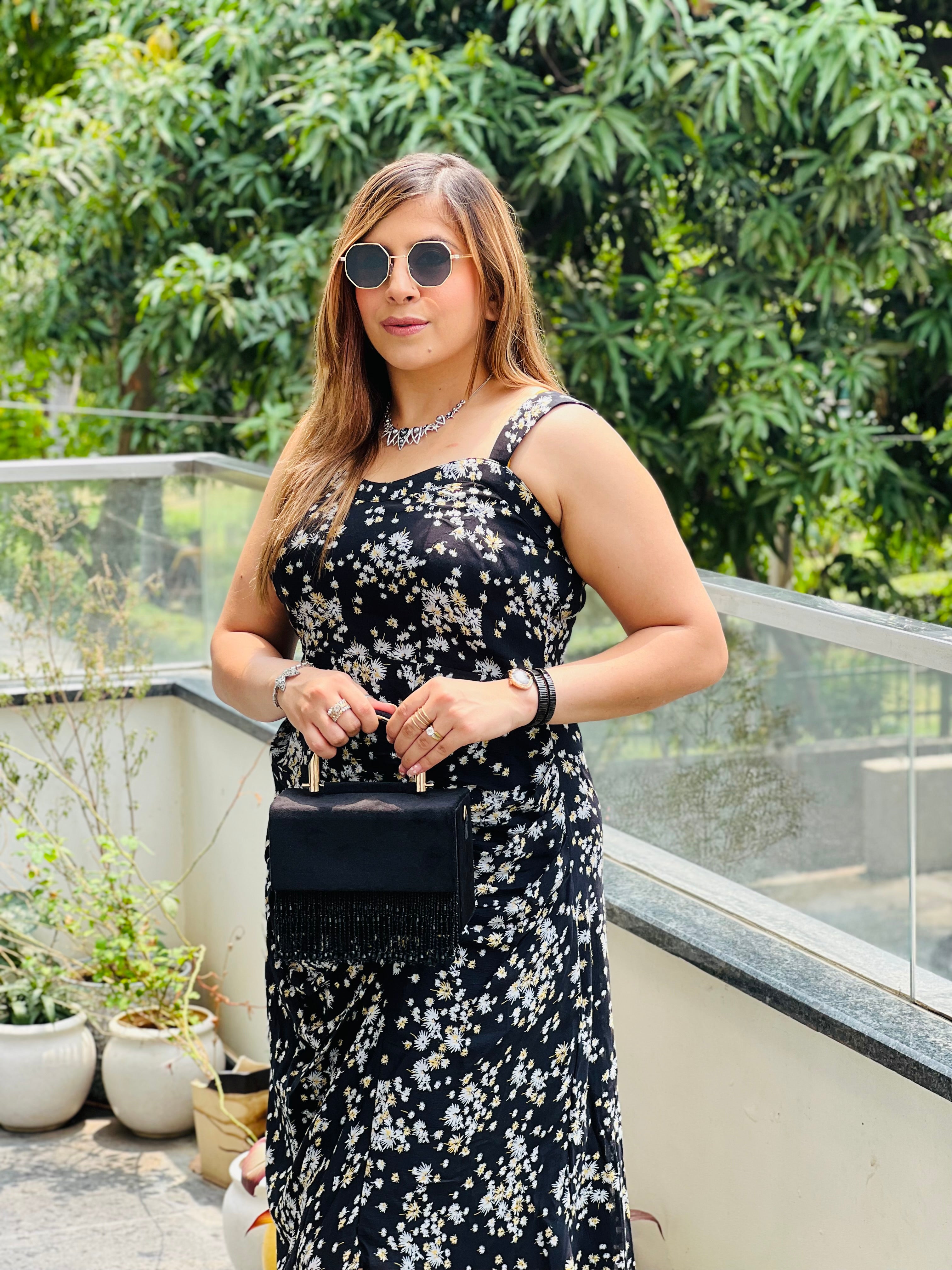 Black Floral Drape Midi