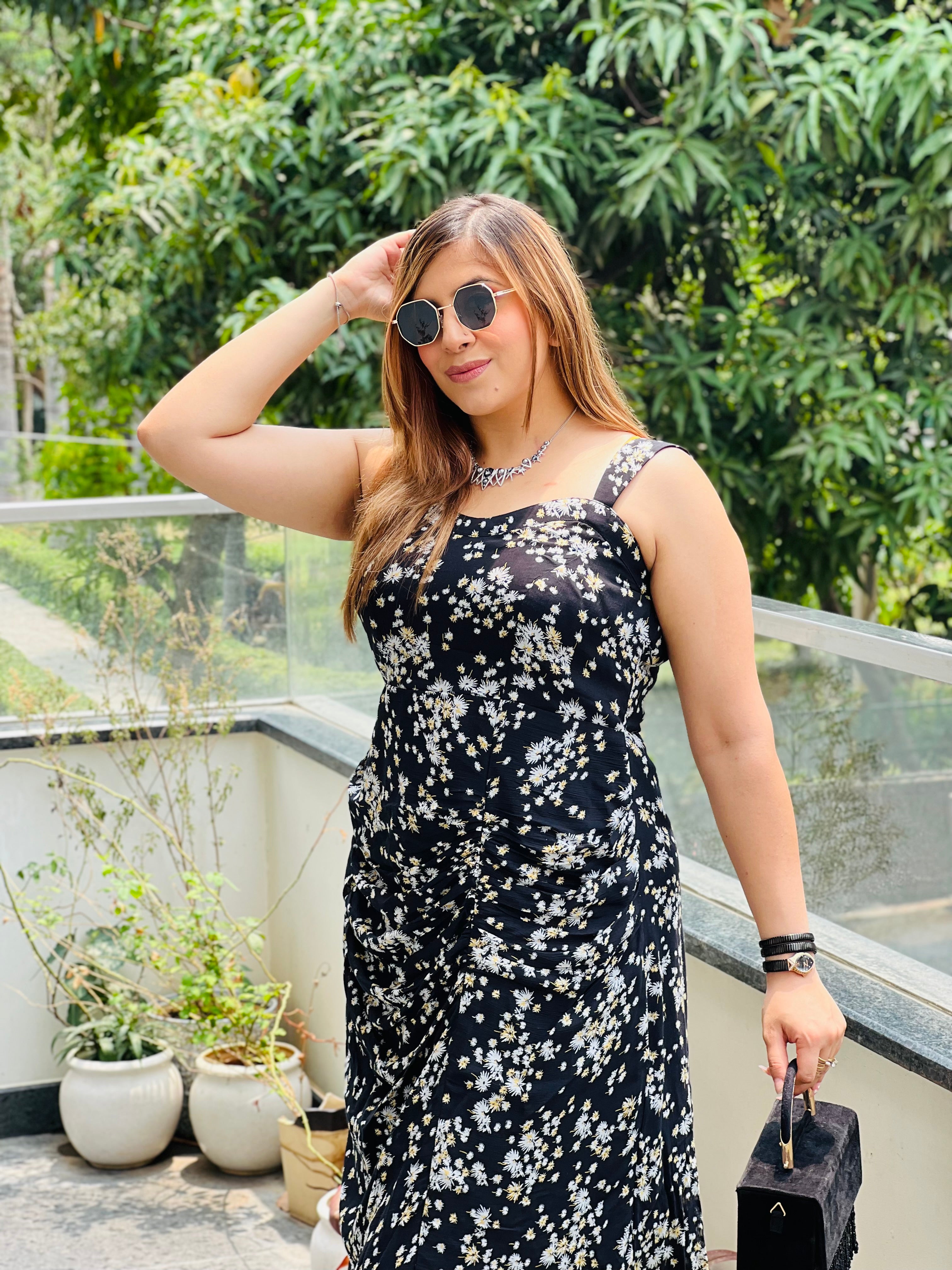 Black Floral Drape Midi