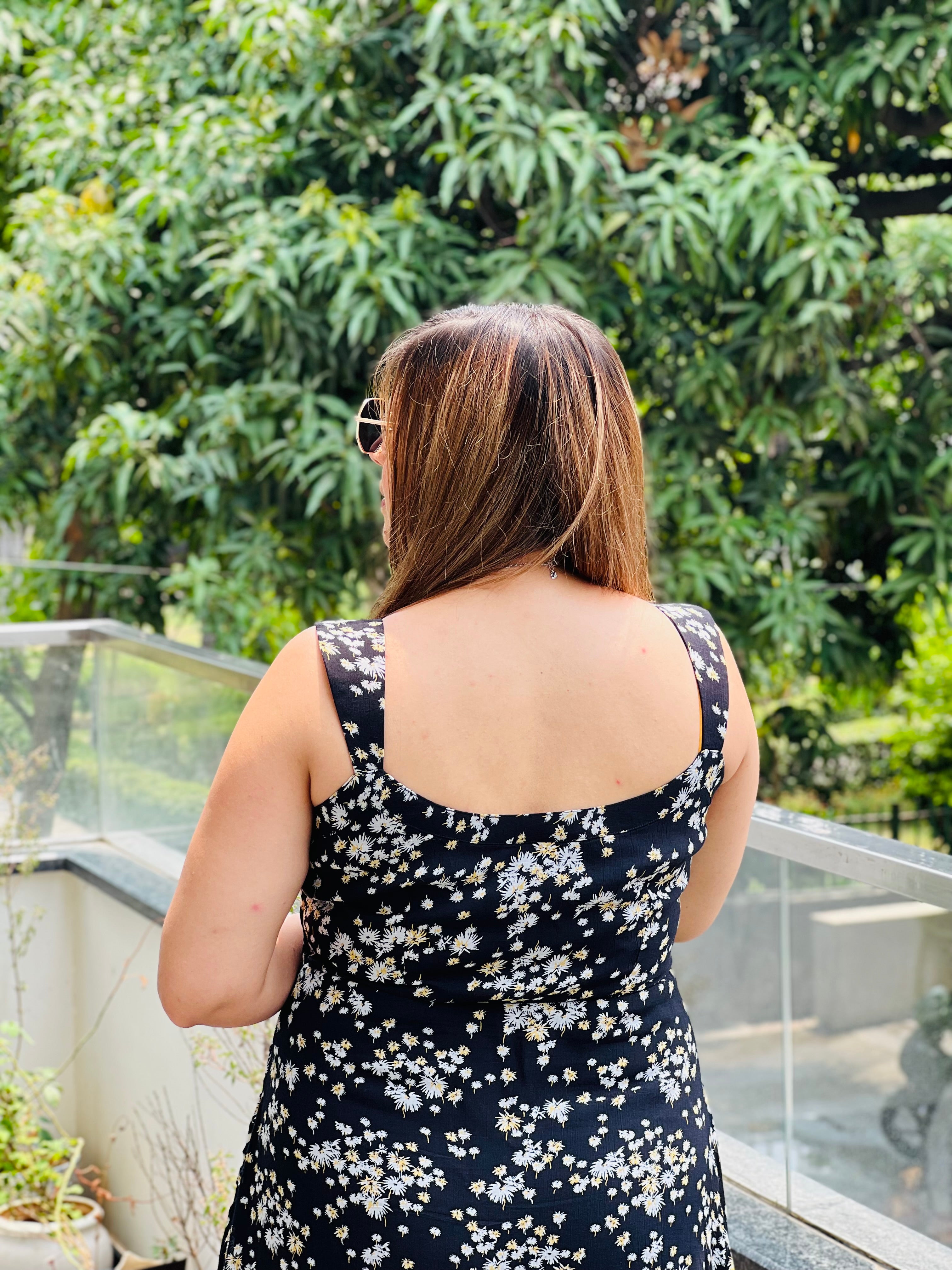 Black Floral Drape Midi