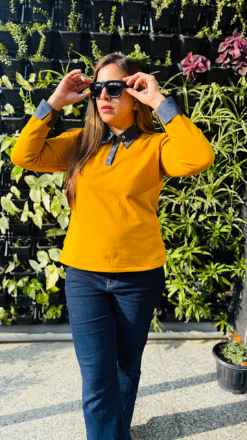 Mustard Fleece Top with Denim Fall Collar
