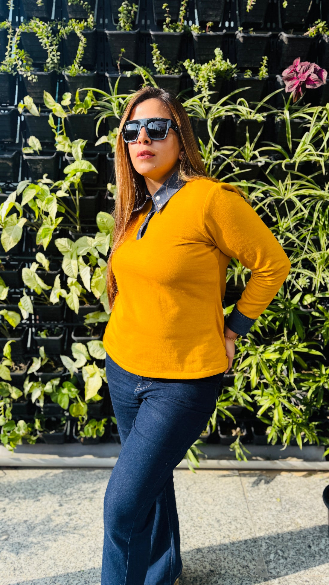 Mustard Fleece Top with Denim Fall Collar