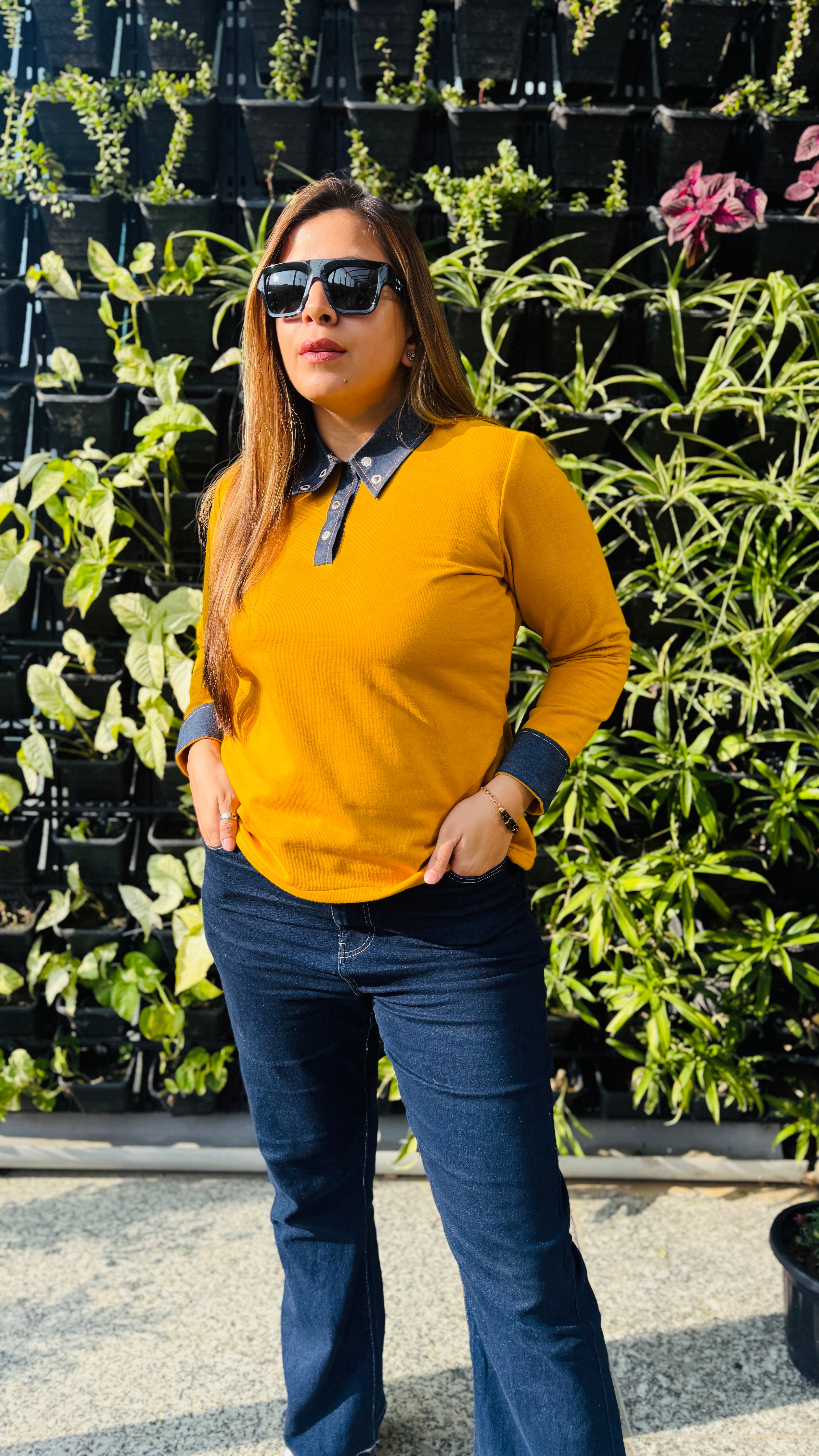 Mustard Fleece Top with Denim Fall Collar