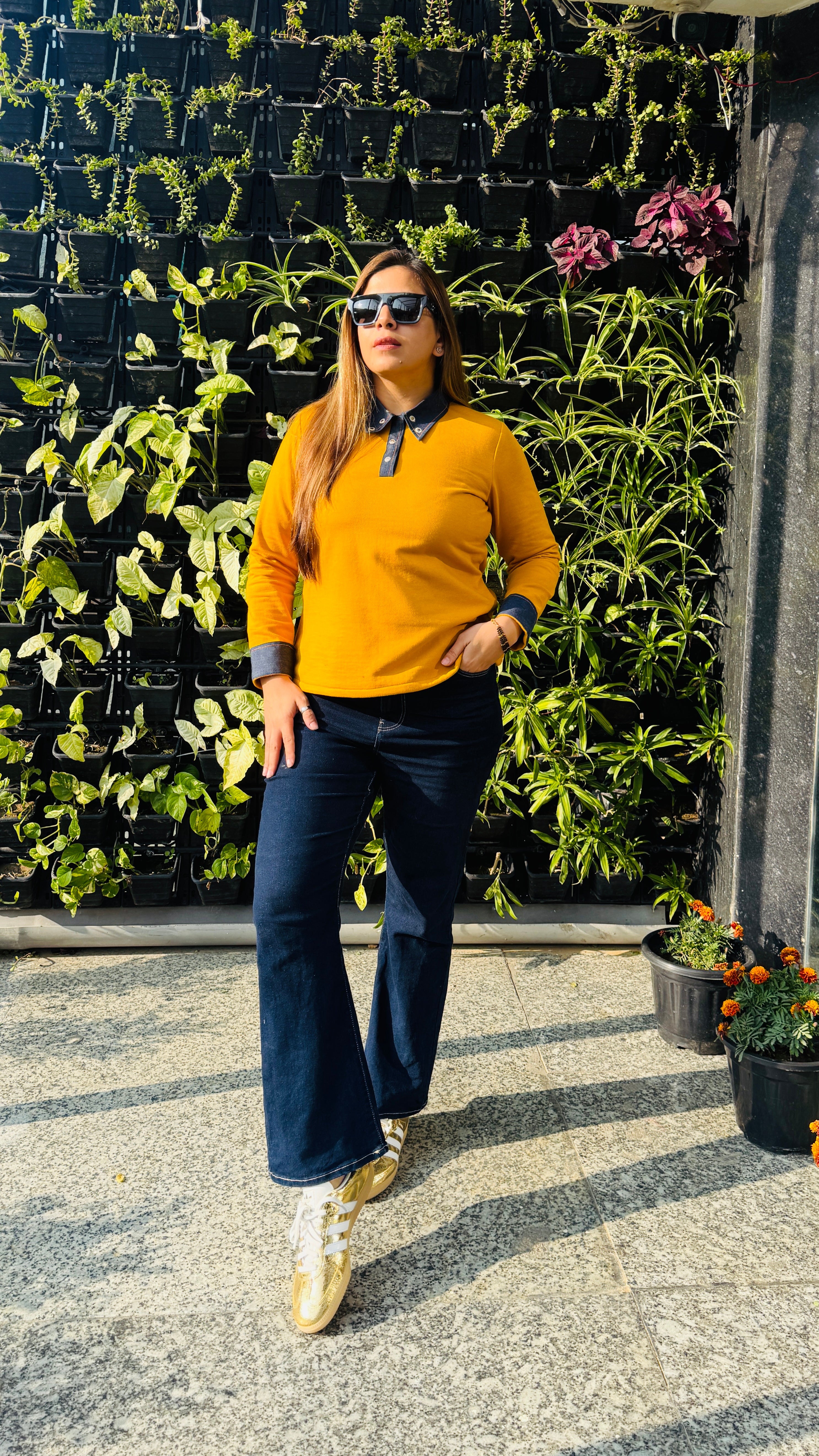 Mustard Fleece Top with Denim Fall Collar