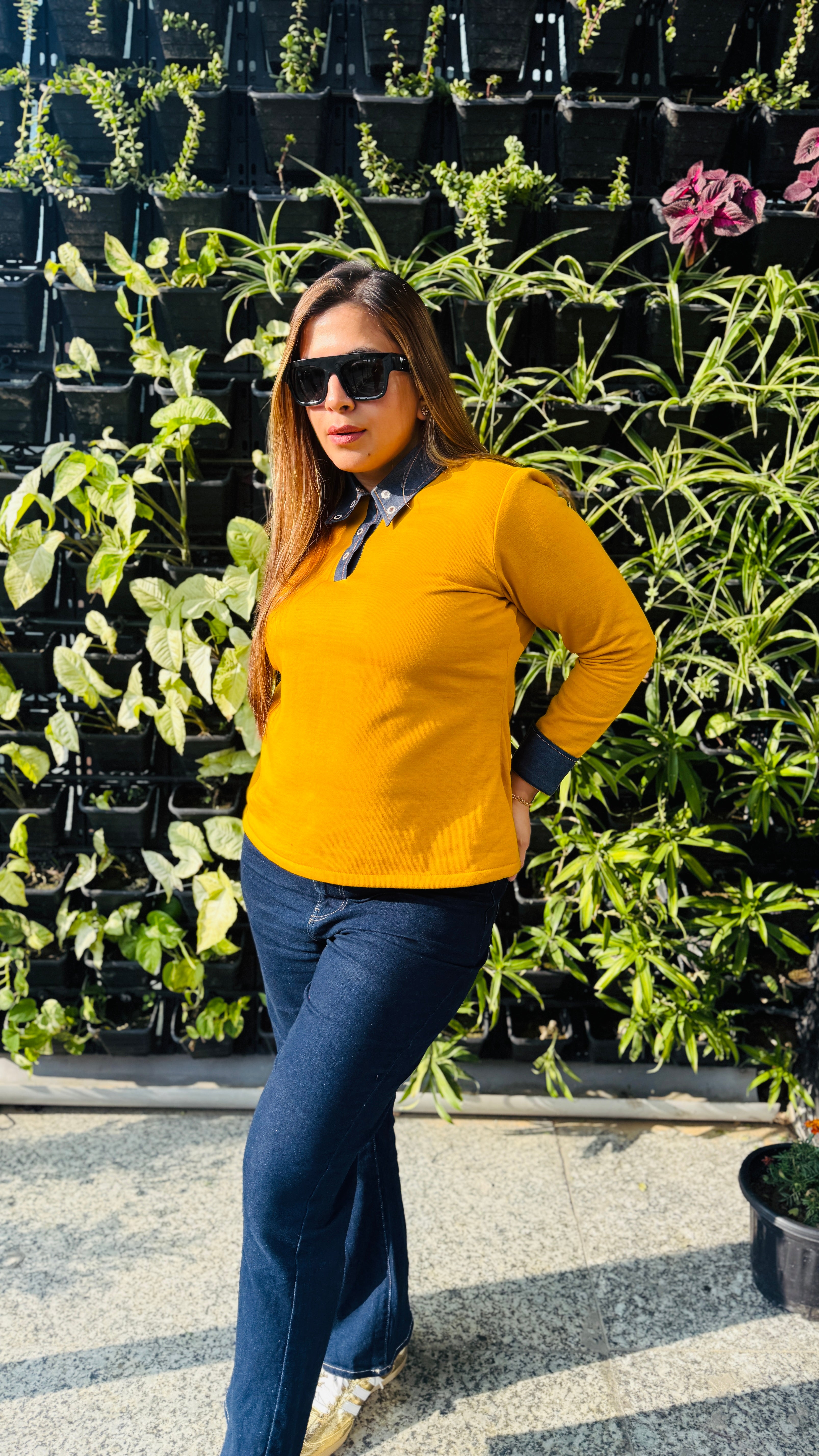 Mustard Fleece Top with Denim Fall Collar