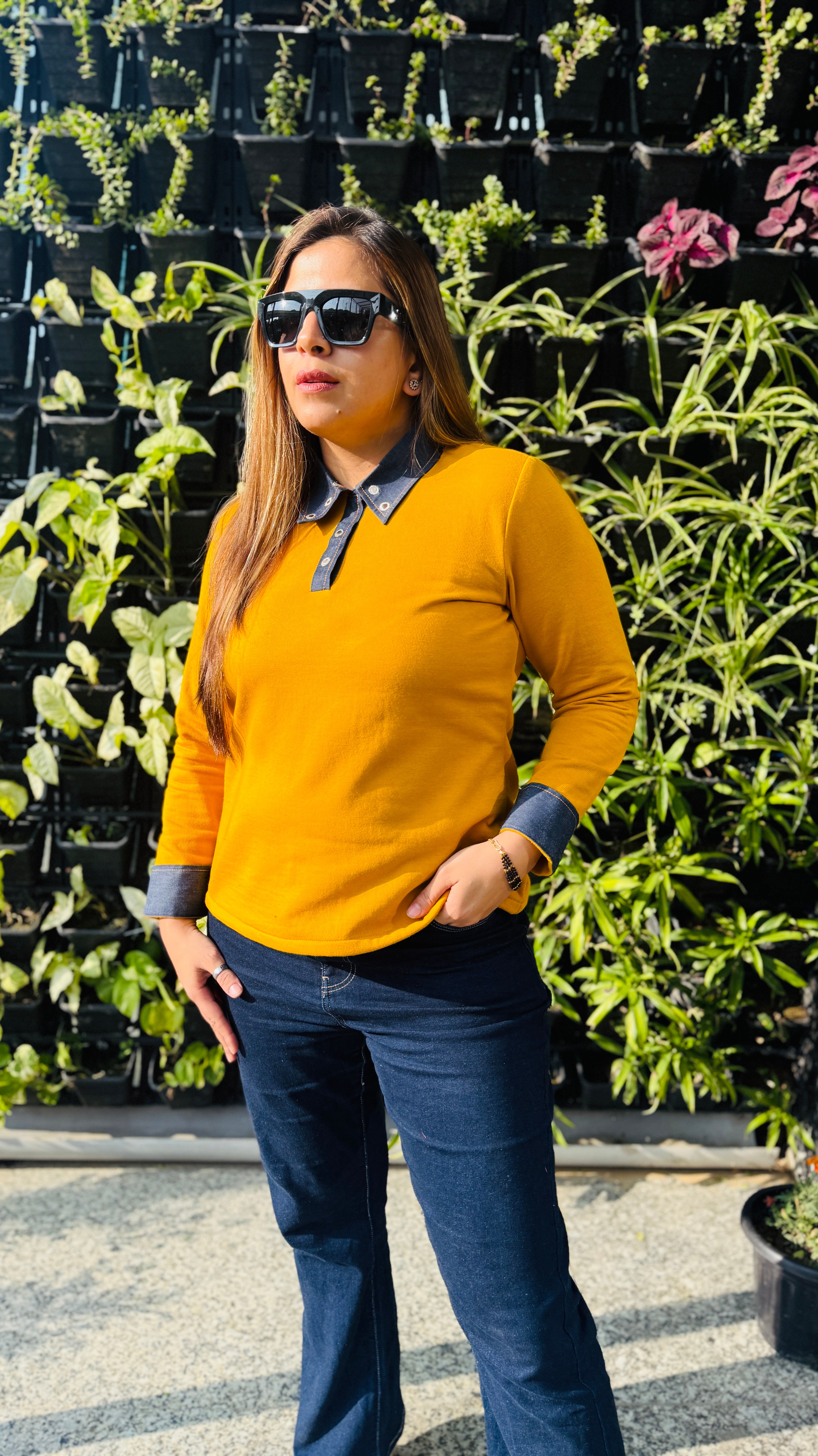 Mustard Fleece Top with Denim Fall Collar