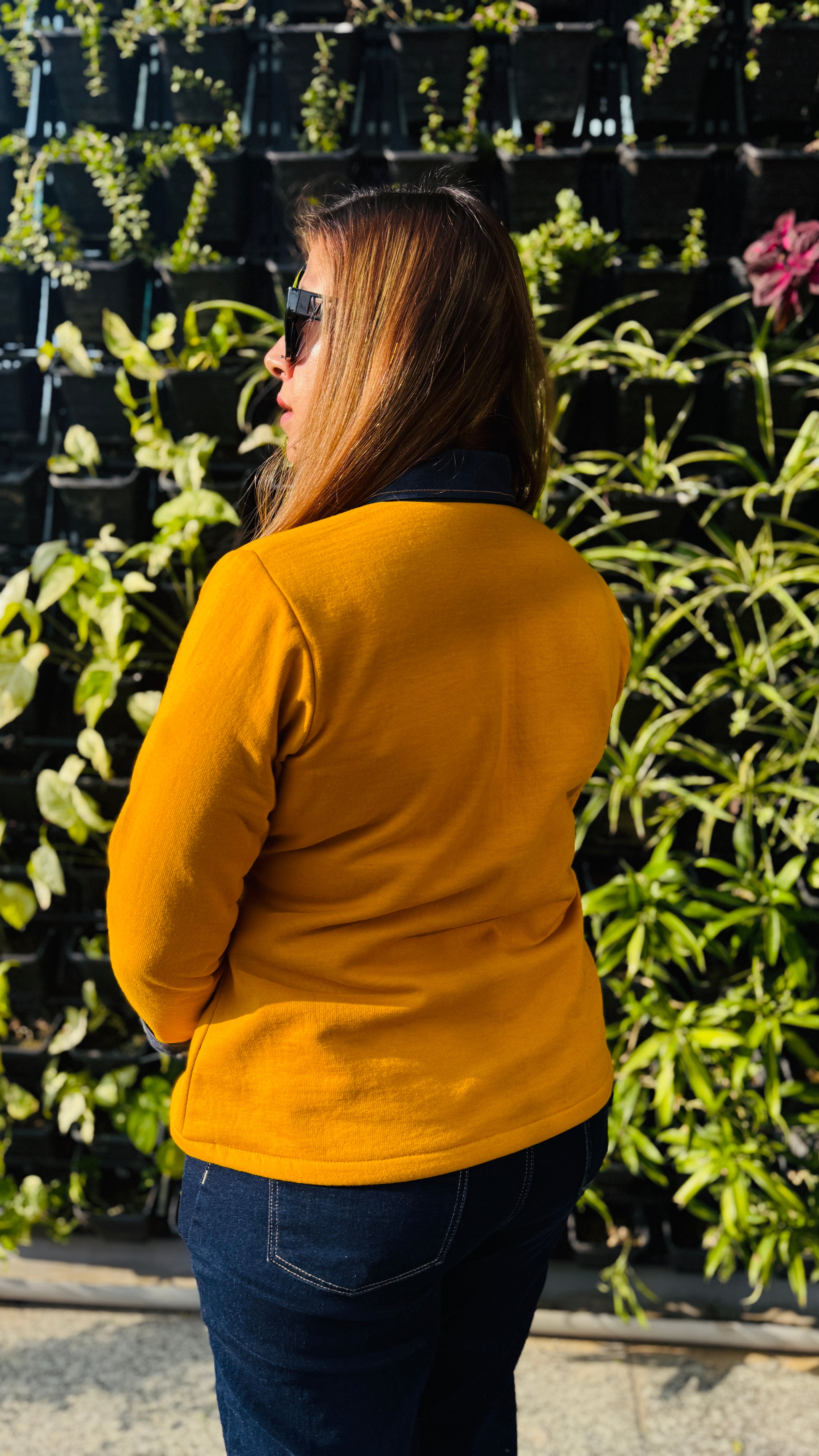 Mustard Fleece Top with Denim Fall Collar