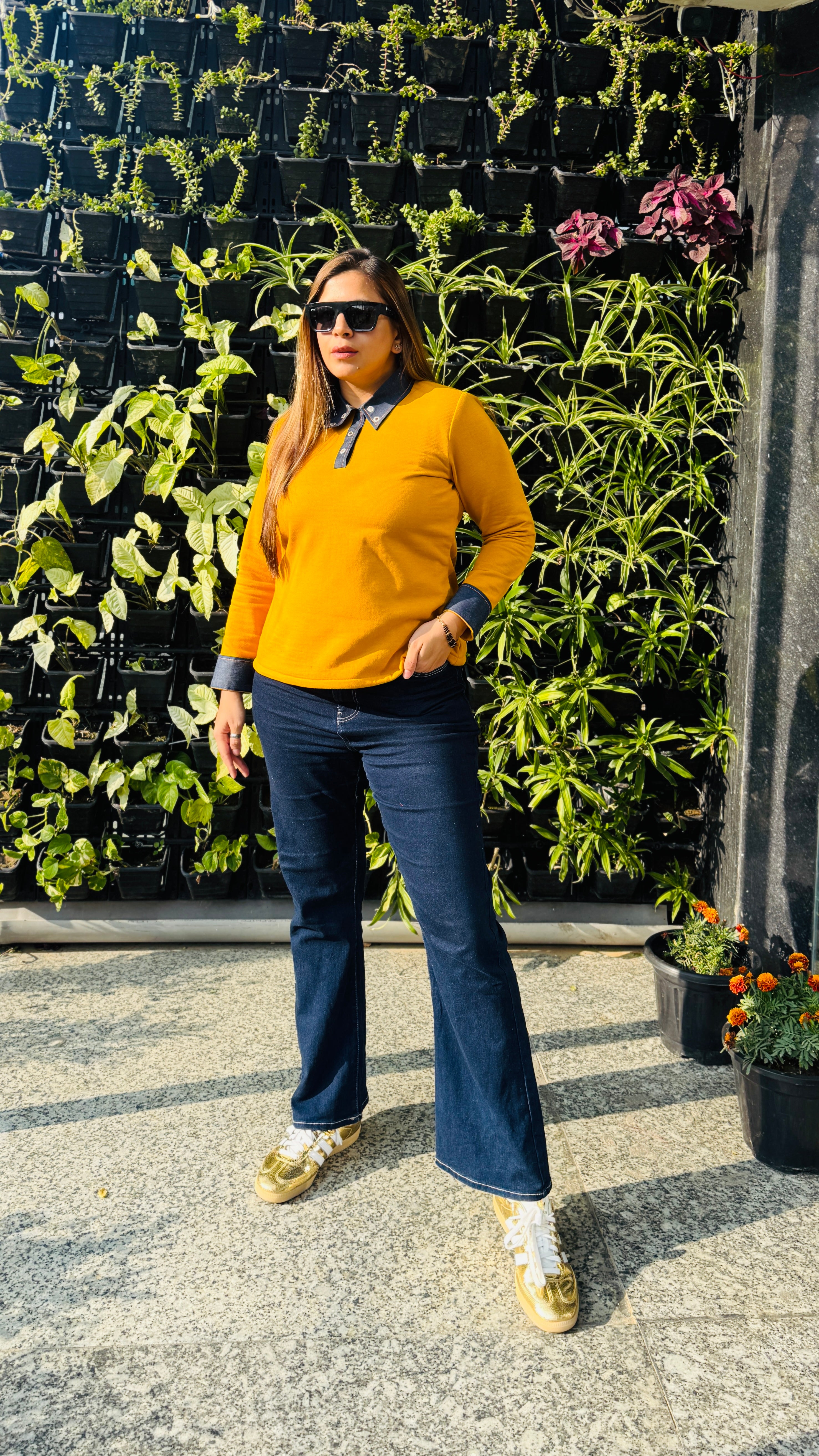 Mustard Fleece Top with Denim Fall Collar