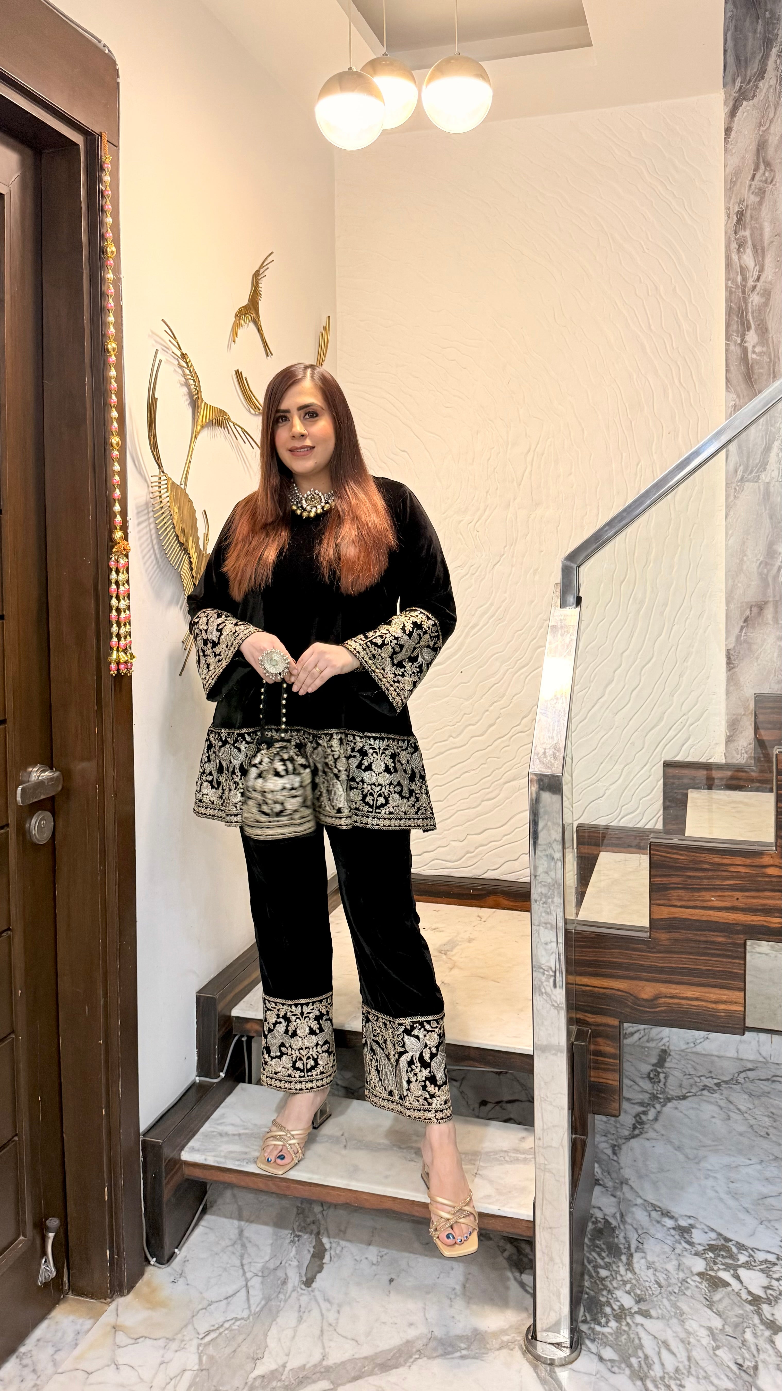 Black Bird Velvet Co-Ord with Potli Bag