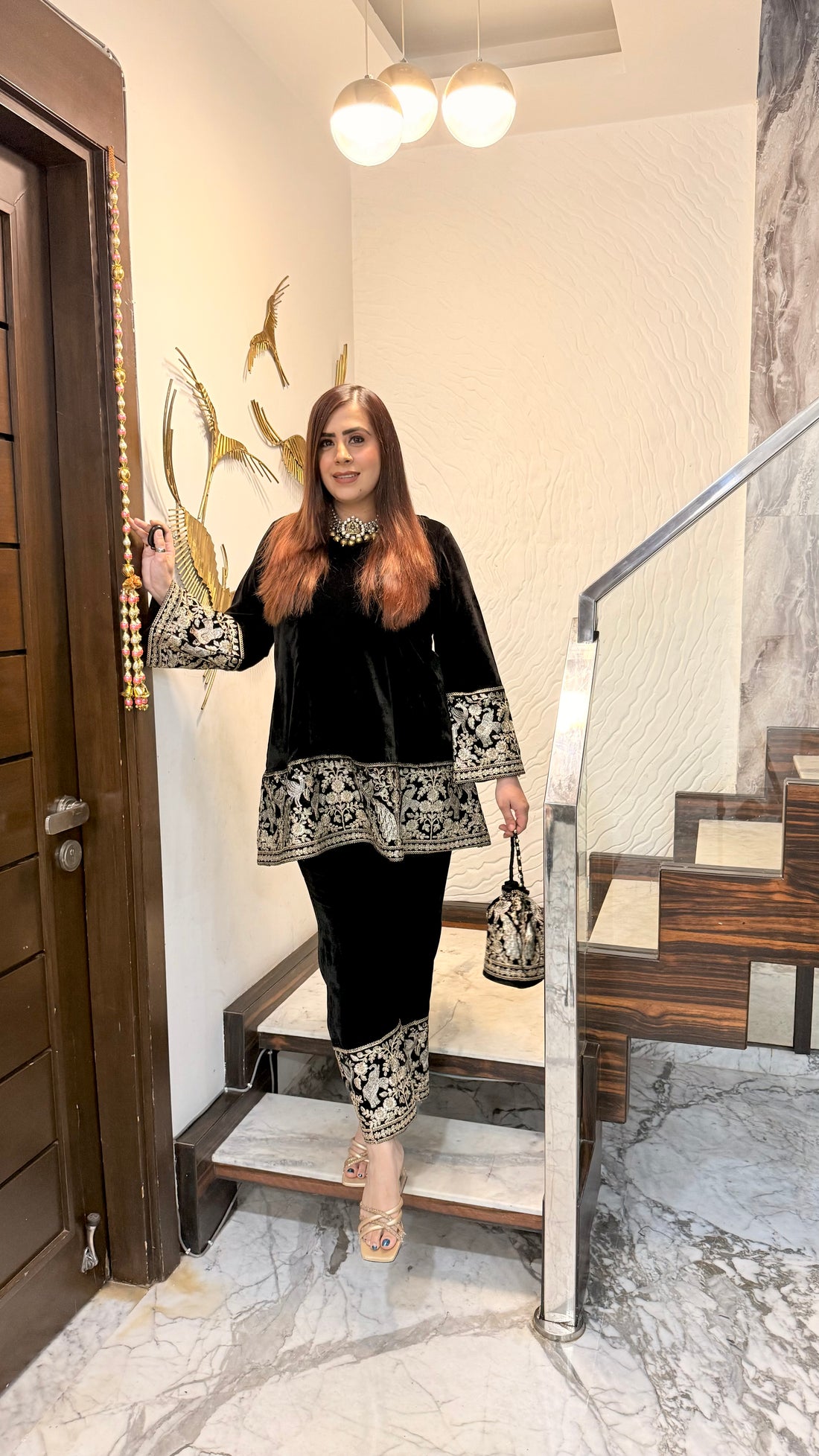 Black Bird Velvet Co-Ord with Potli Bag