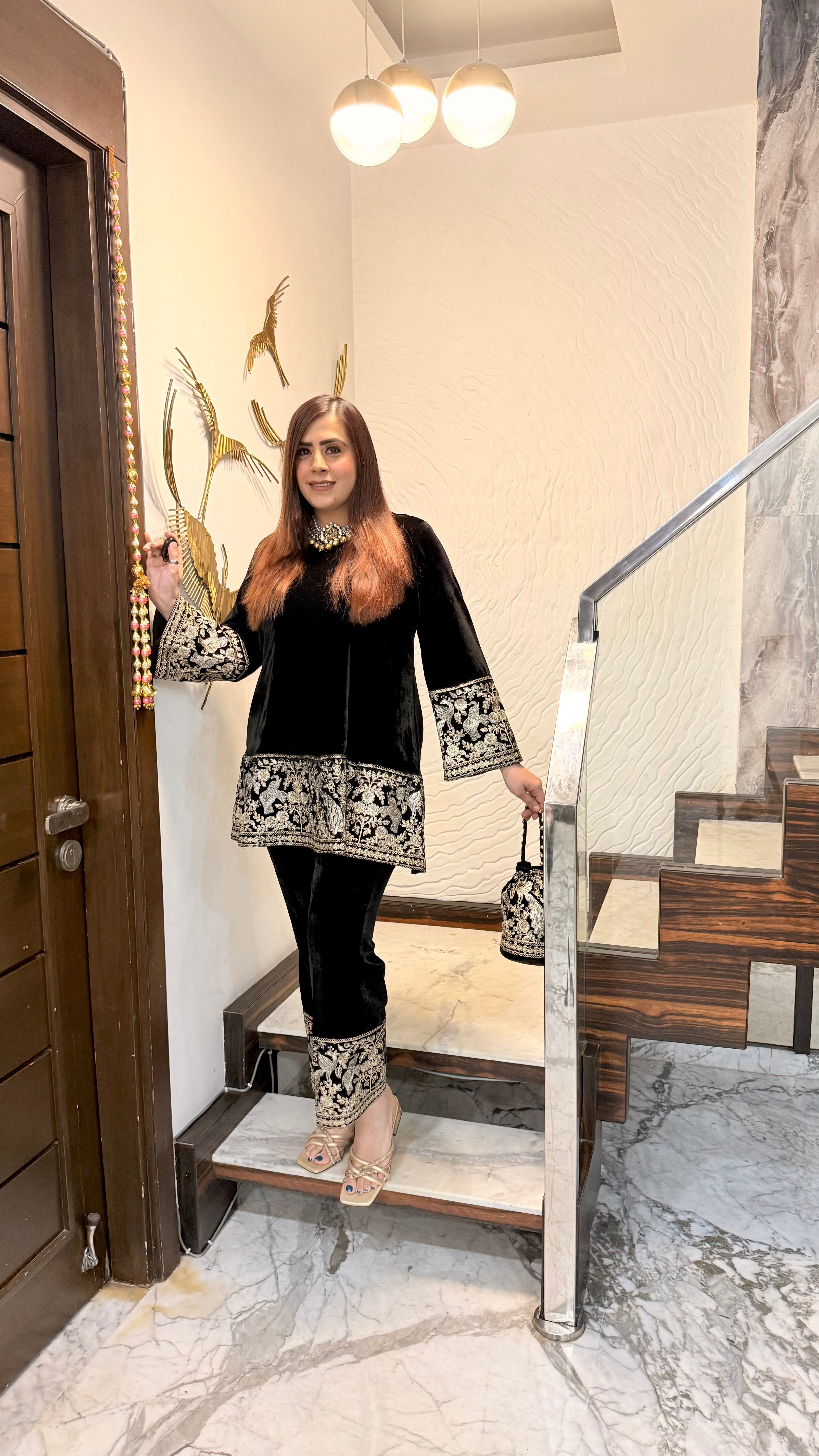Black Bird Velvet Co-Ord with Potli Bag