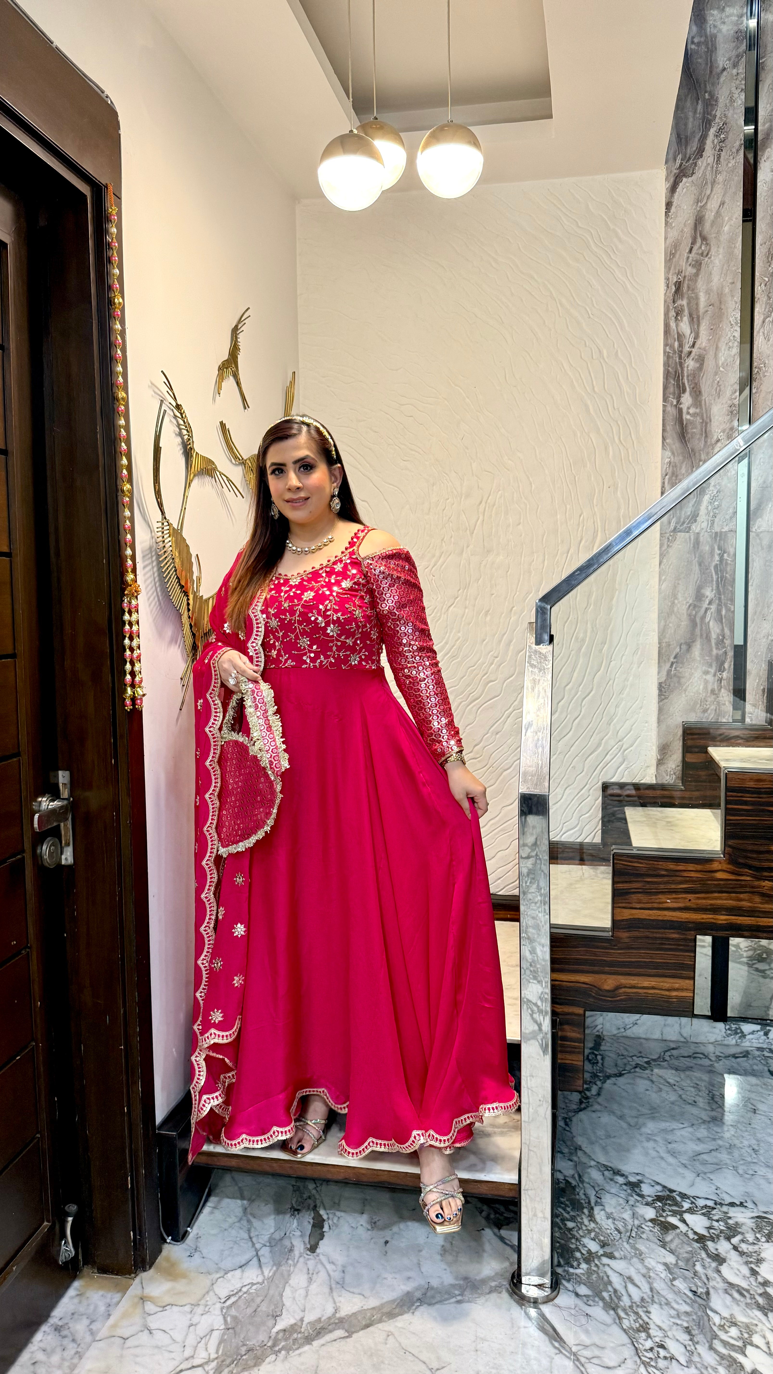 Hot Pink Lohri Anarkali with Bag