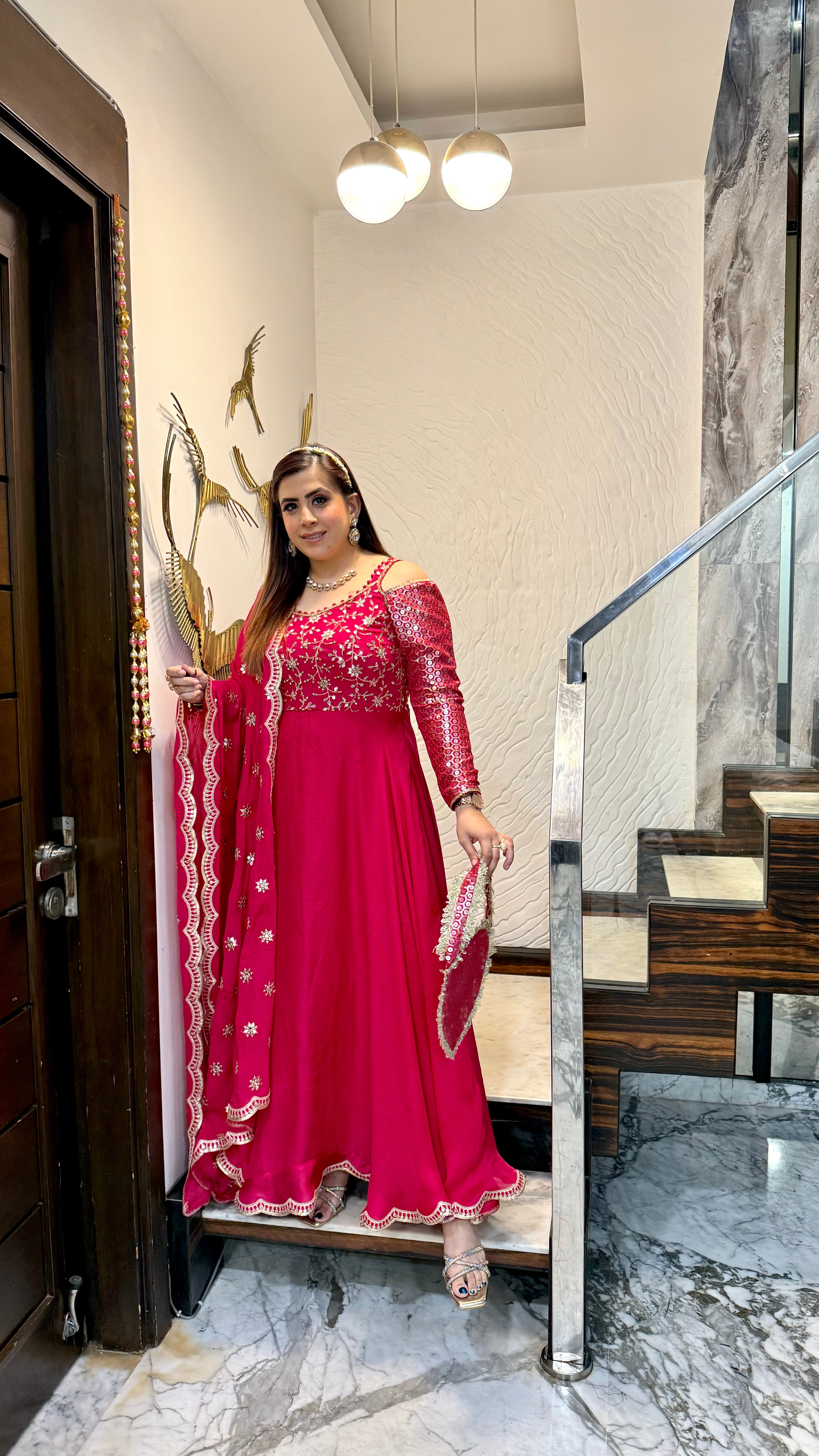 Hot Pink Lohri Anarkali with Bag