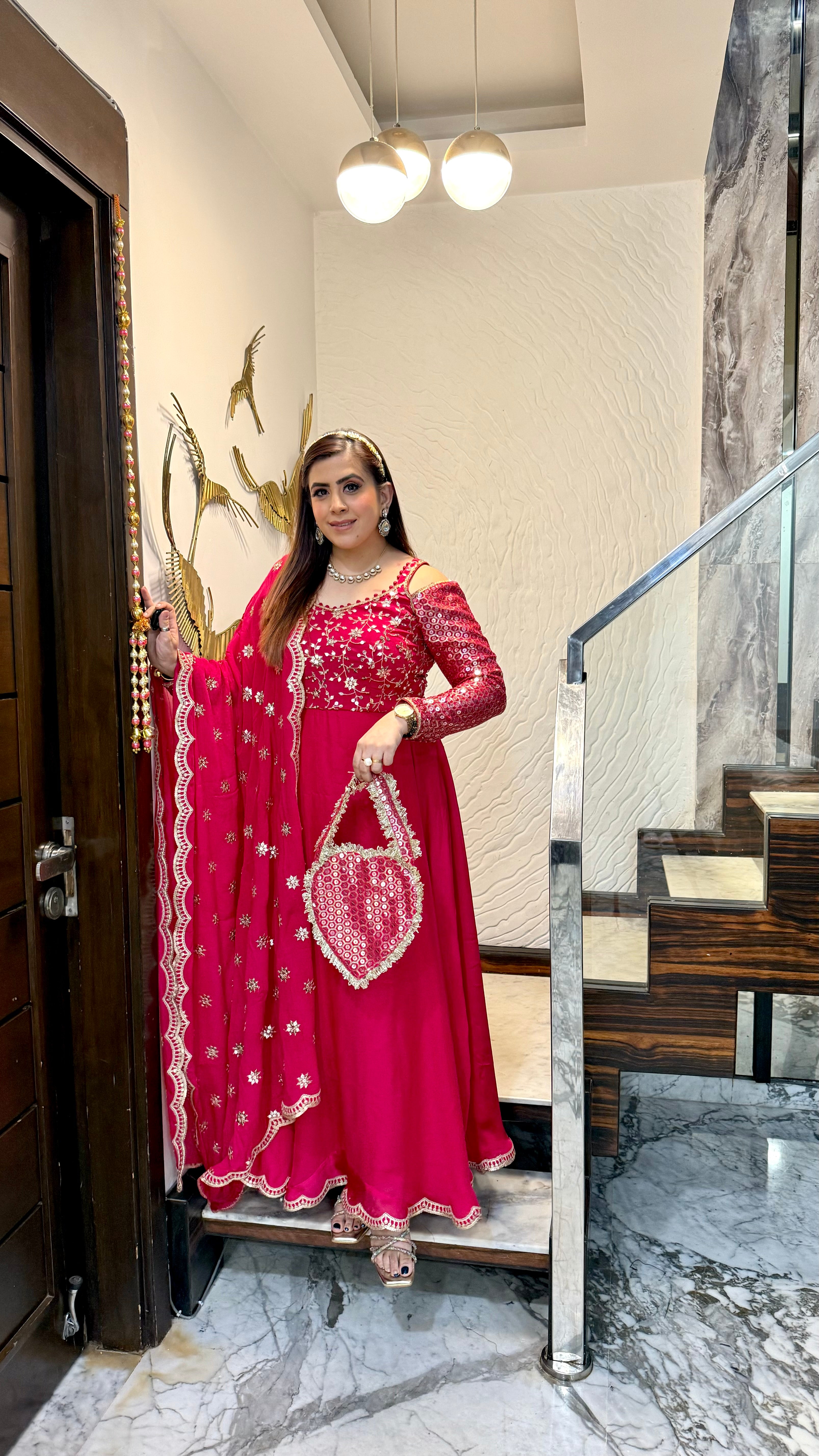 Hot Pink Lohri Anarkali with Bag