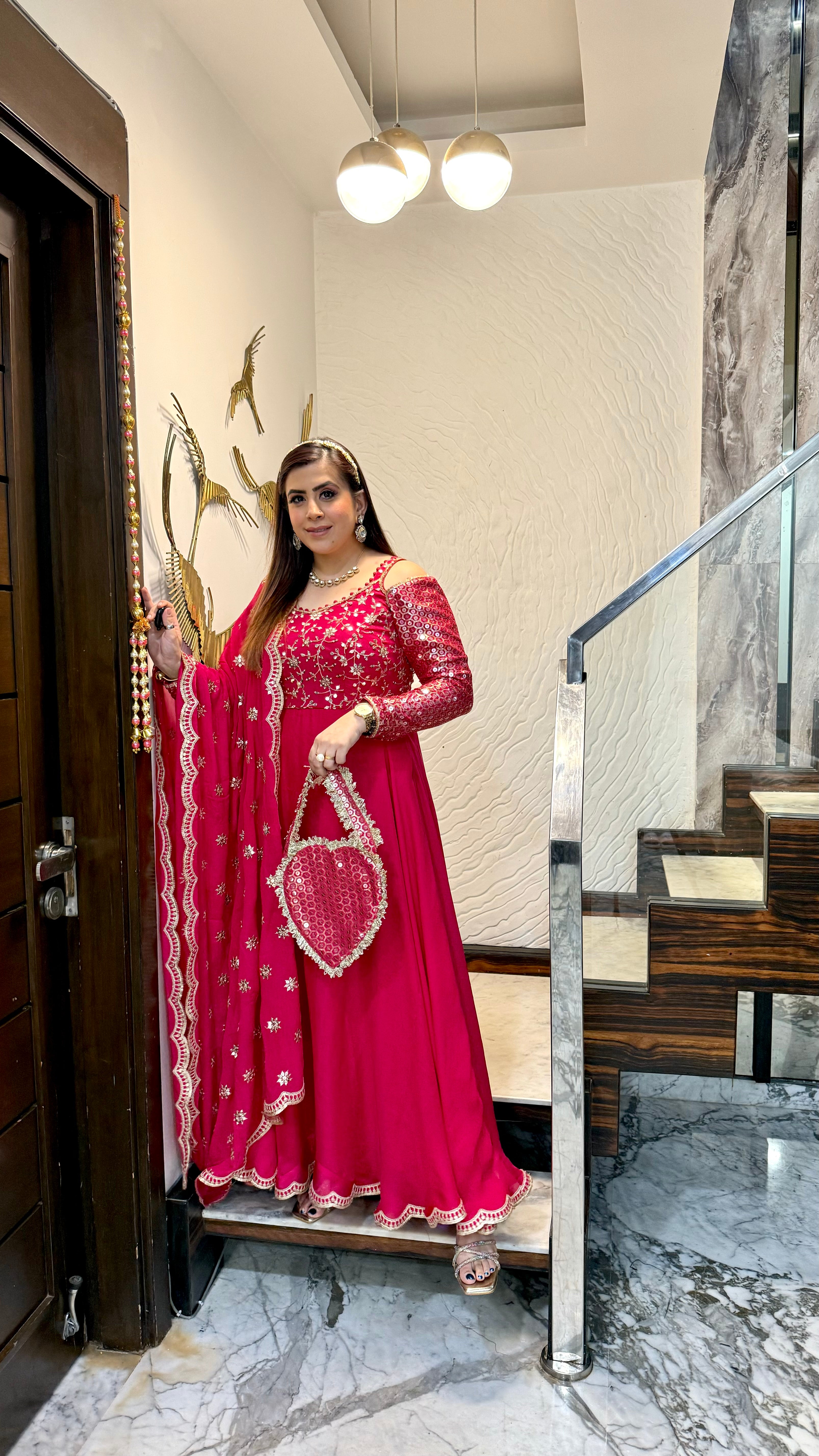 Hot Pink Lohri Anarkali with Bag