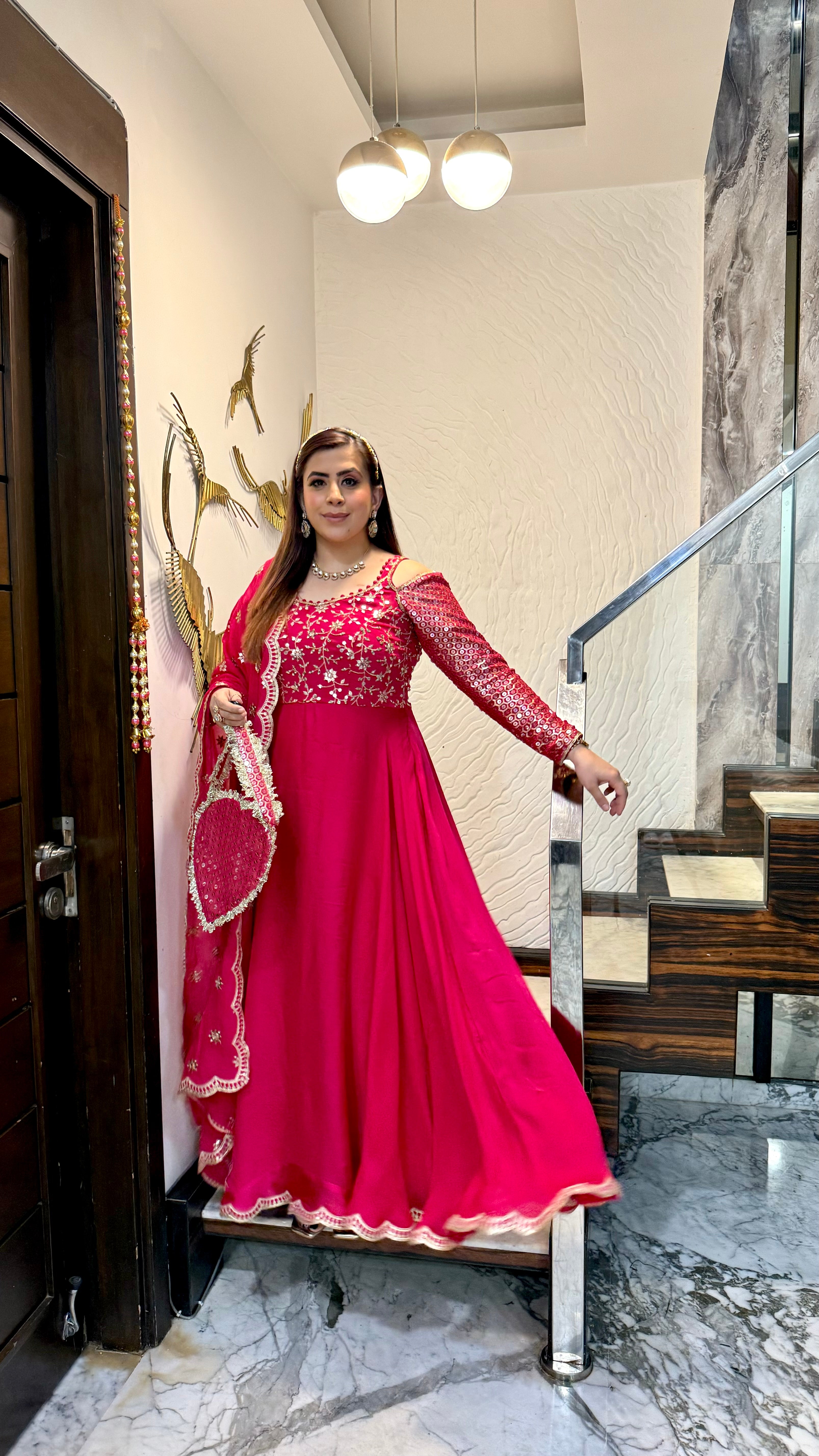 Hot Pink Lohri Anarkali with Bag