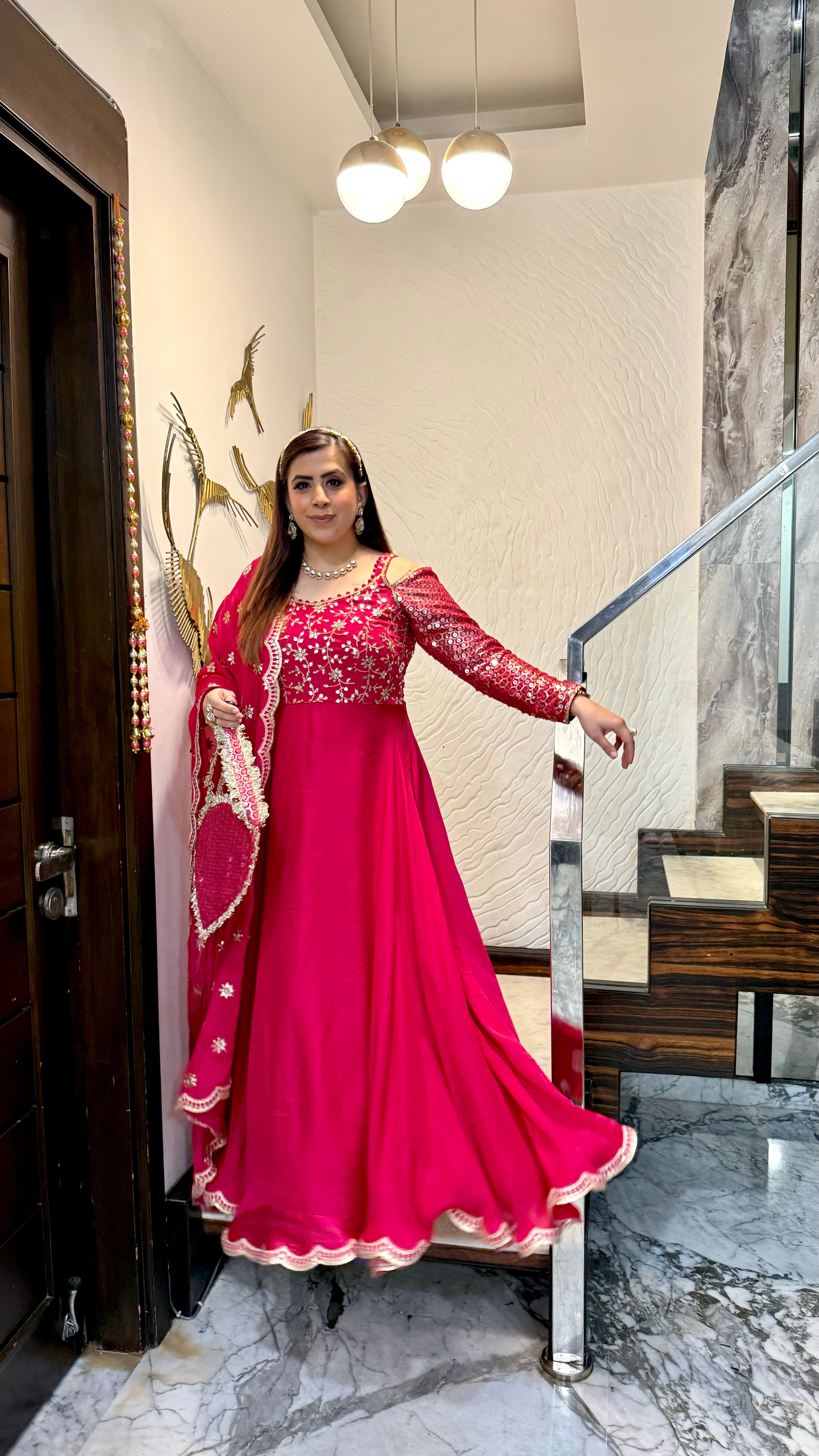 Hot Pink Lohri Anarkali with Bag