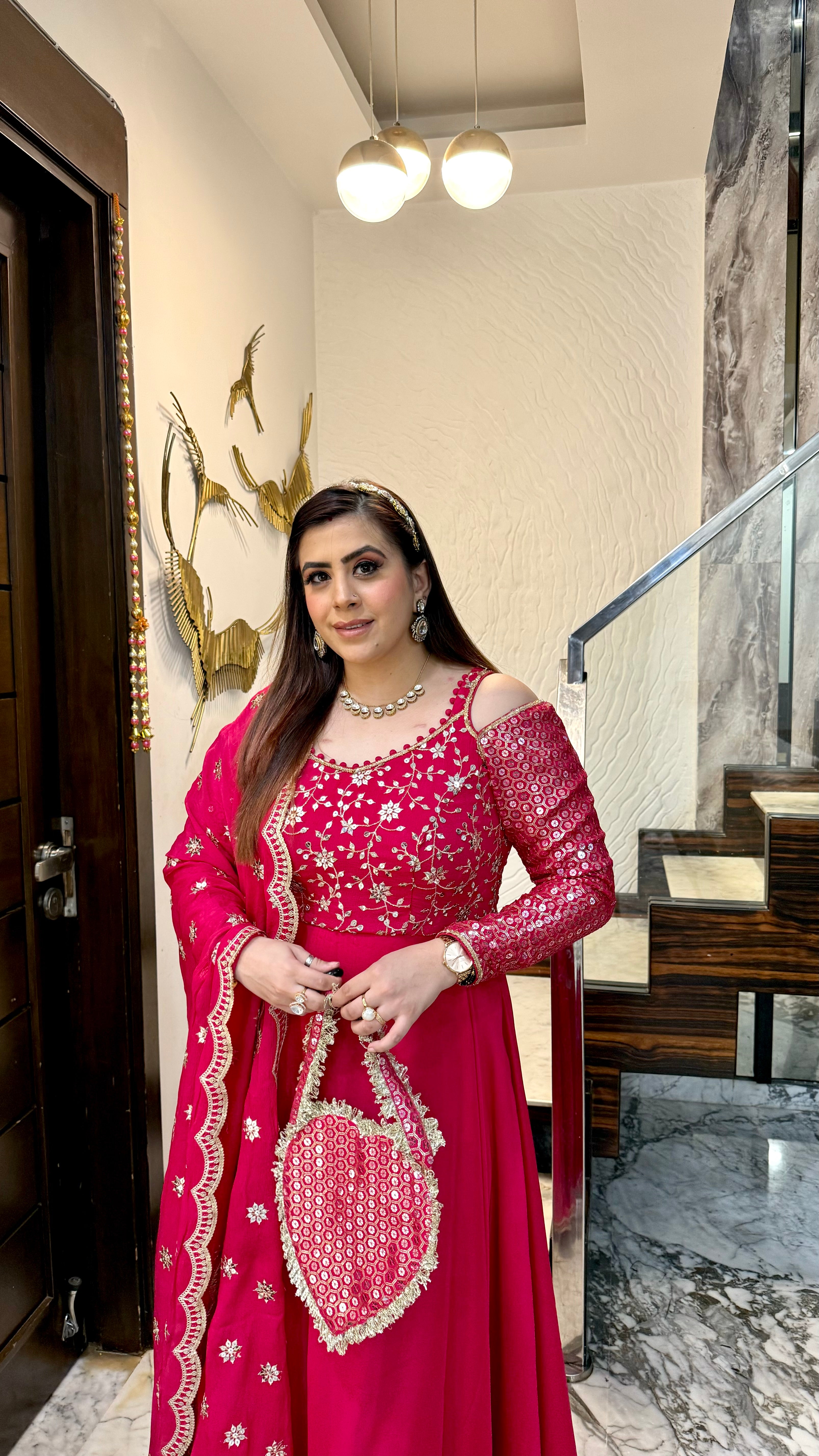 Hot Pink Lohri Anarkali with Bag